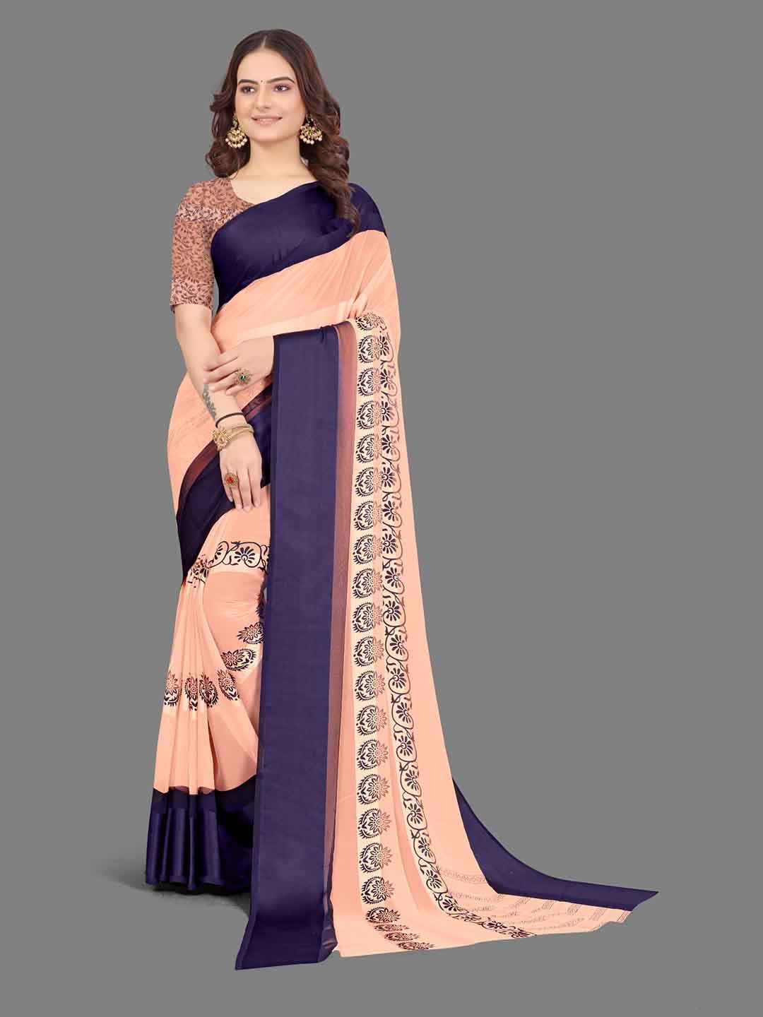 

SANJANA SILK Floral Printed Satin Saree, Peach