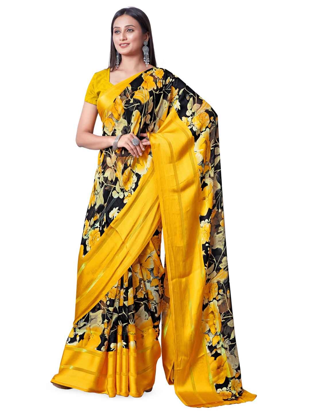 

SANJANA SILK Floral Satin Saree, Yellow