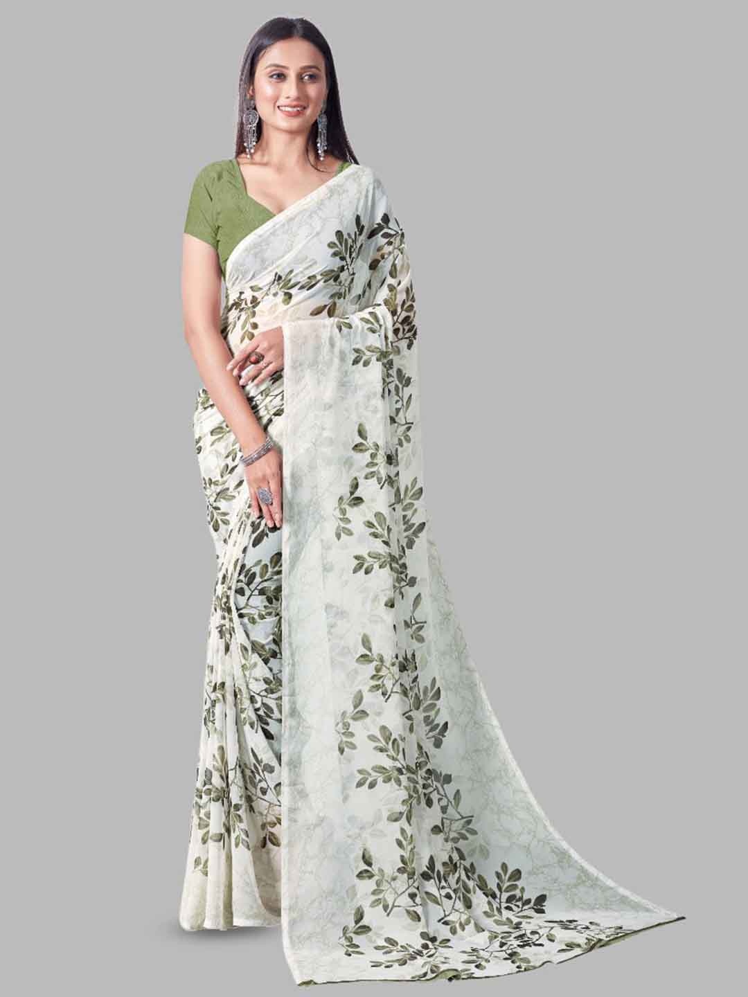 

SANJANA SILK Floral Printed Pure Georgette Saree, White