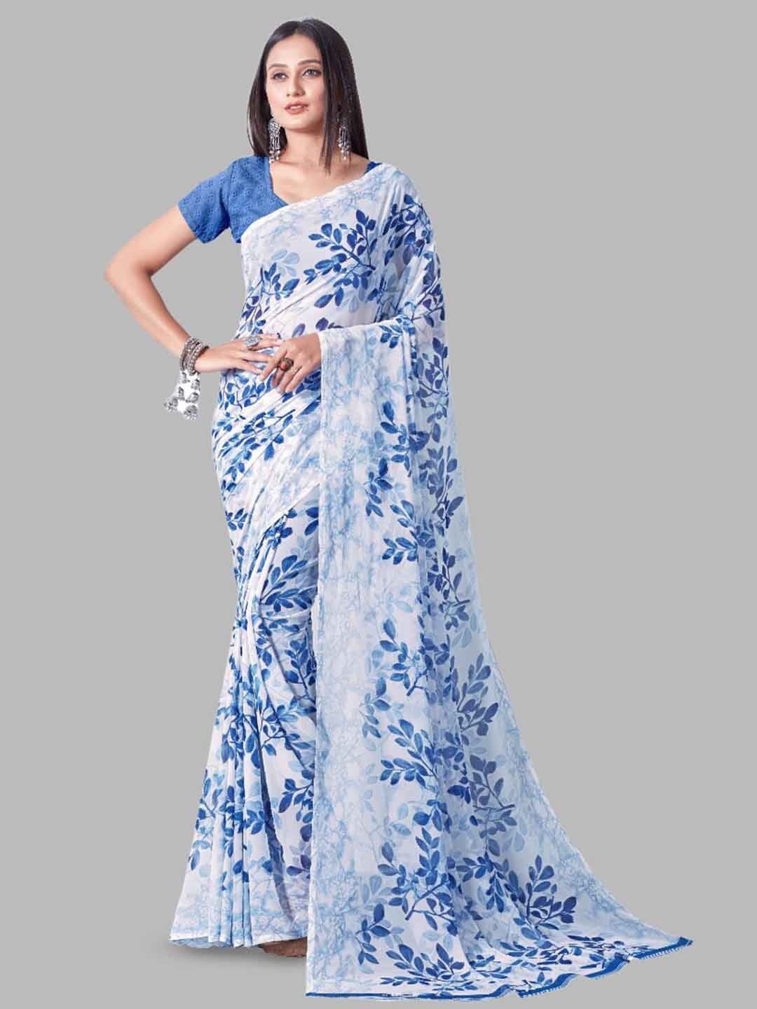 

SANJANA SILK Floral Pure Georgette Saree, Blue