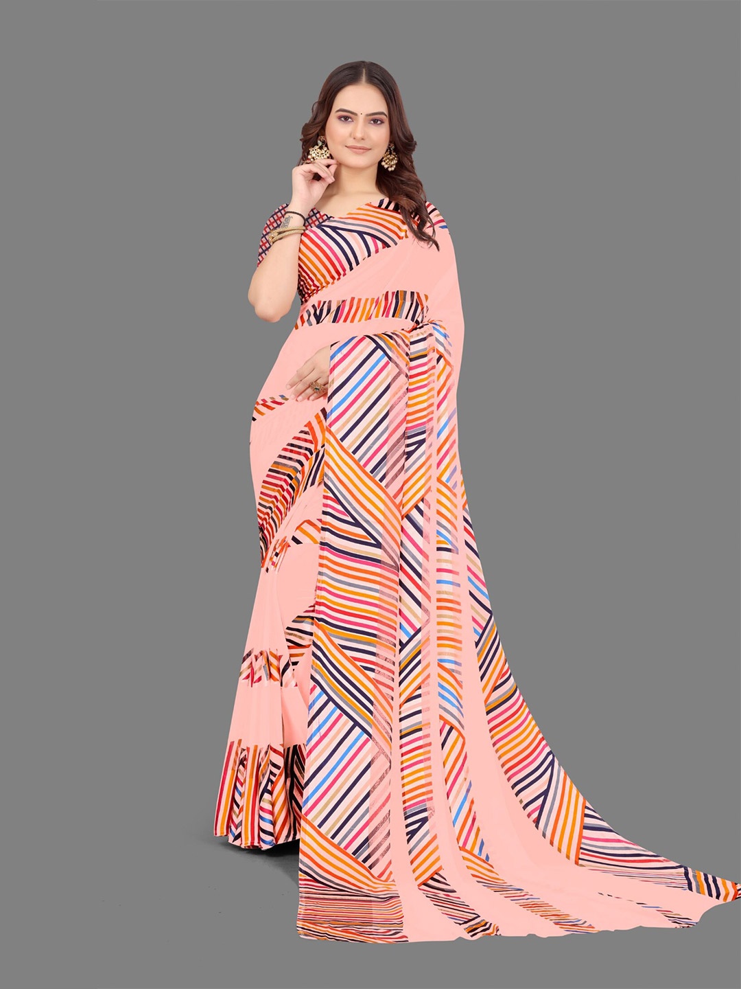 

SANJANA SILK Geometric Printed Leheriya Satin Saree, Peach