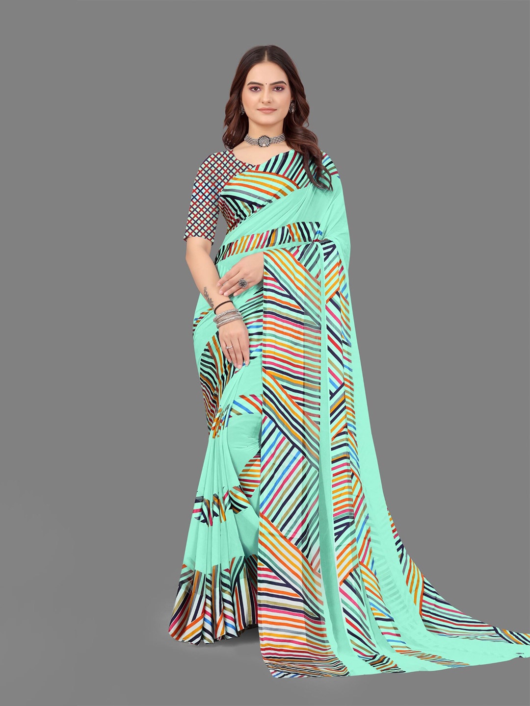 

SANJANA SILK Striped Printed Satin Saree, Blue