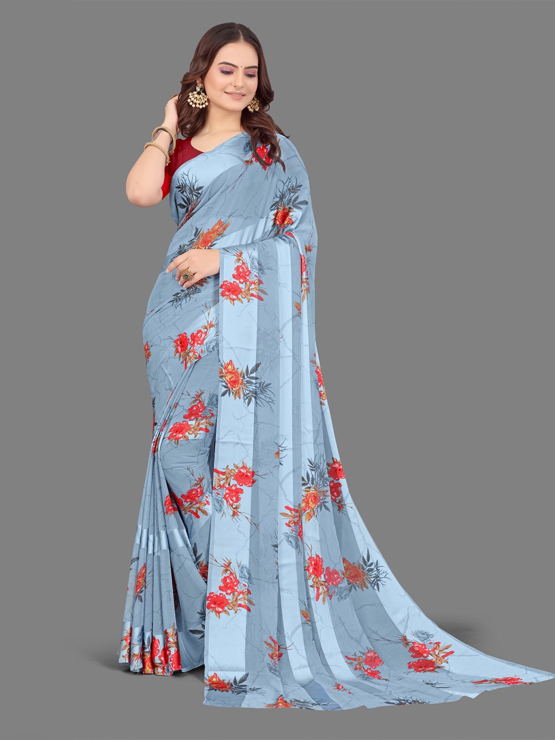 

SANJANA SILK Floral Printed Satin Saree, Grey