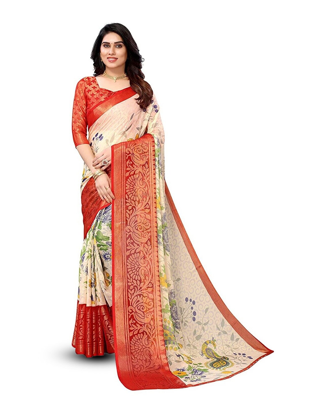 

SANJANA SILK Floral Printed Zari Brasso Saree, Red