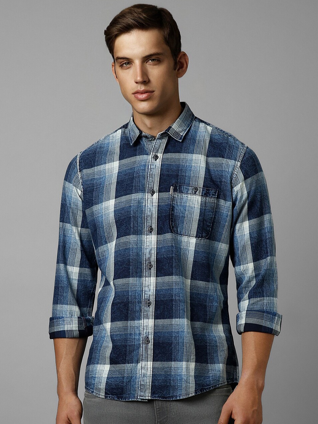 

Louis Philippe Jeans Slim Fit Checked Pure Cotton Casual Shirt, Blue