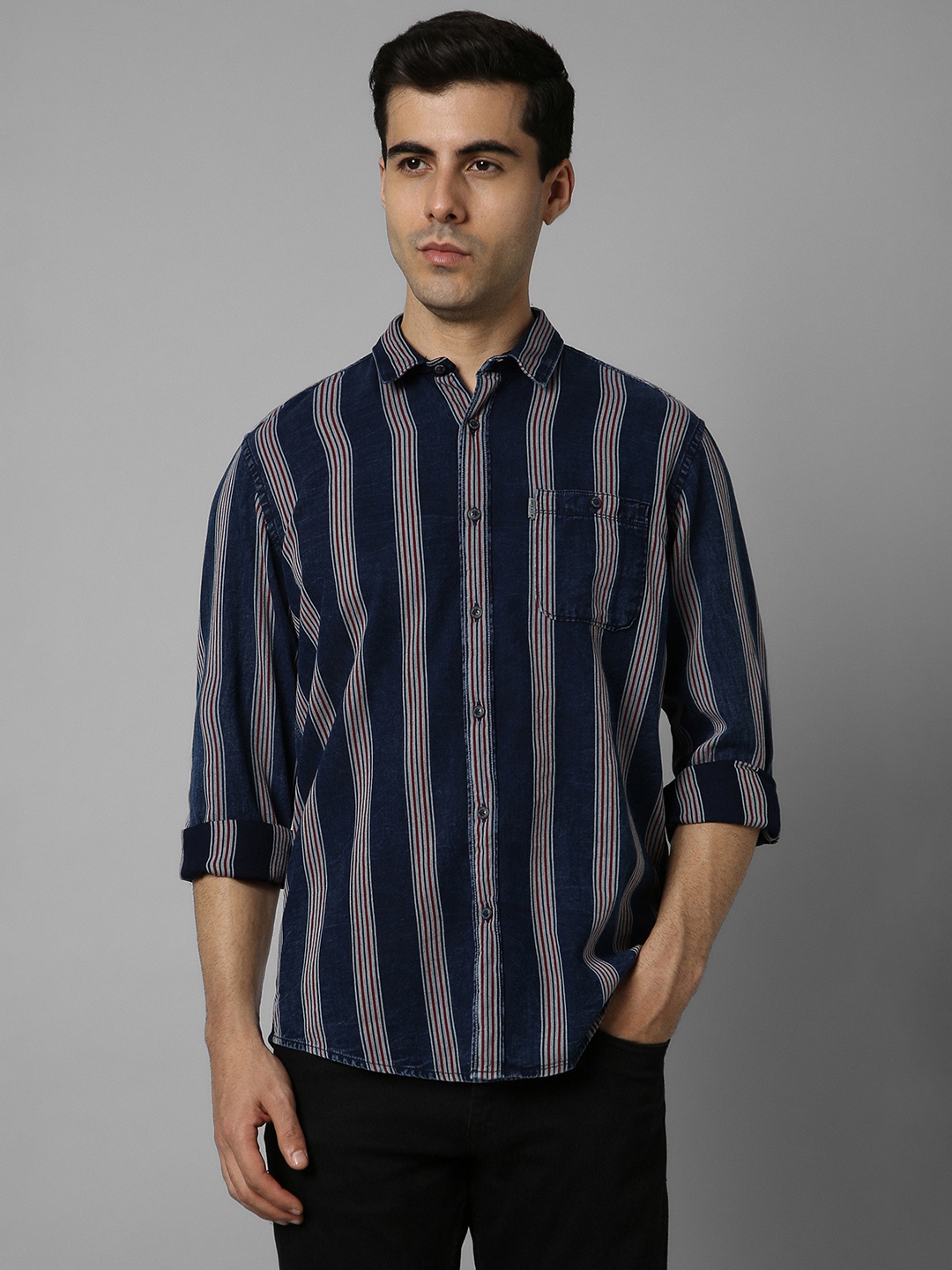 

Louis Philippe Jeans Slim Fit Striped Pure Cotton Casual Shirt, Navy blue