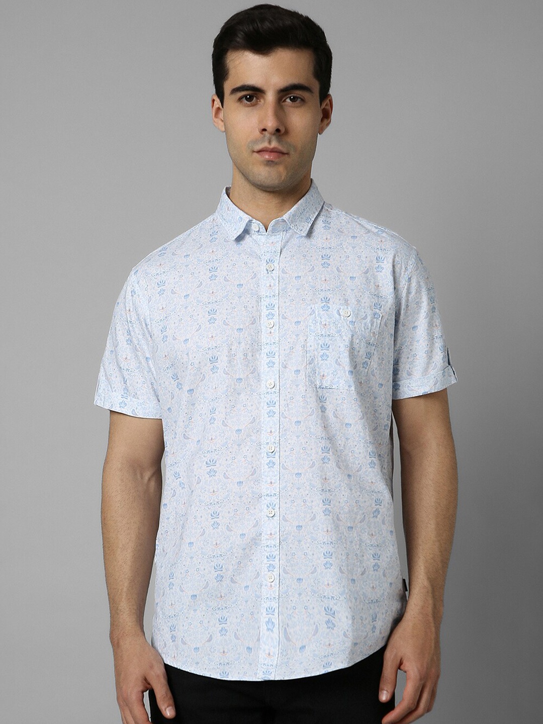 

Louis Philippe Jeans Slim Fit Floral Printed Roll-Up Sleeves Cotton Casual Shirt, Blue