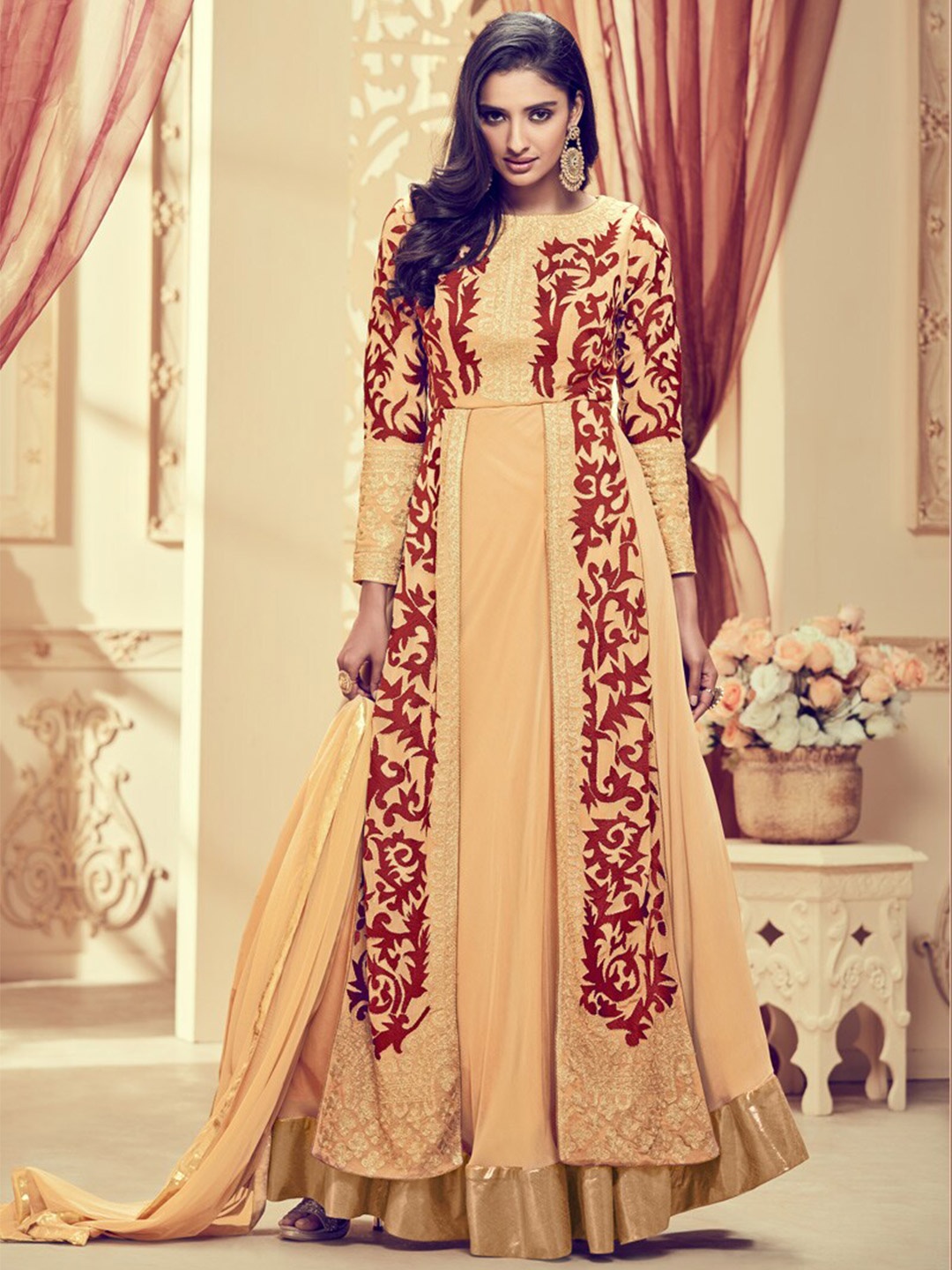 

Chandbaali Embroidered Semi Stitched Dress Material, Beige