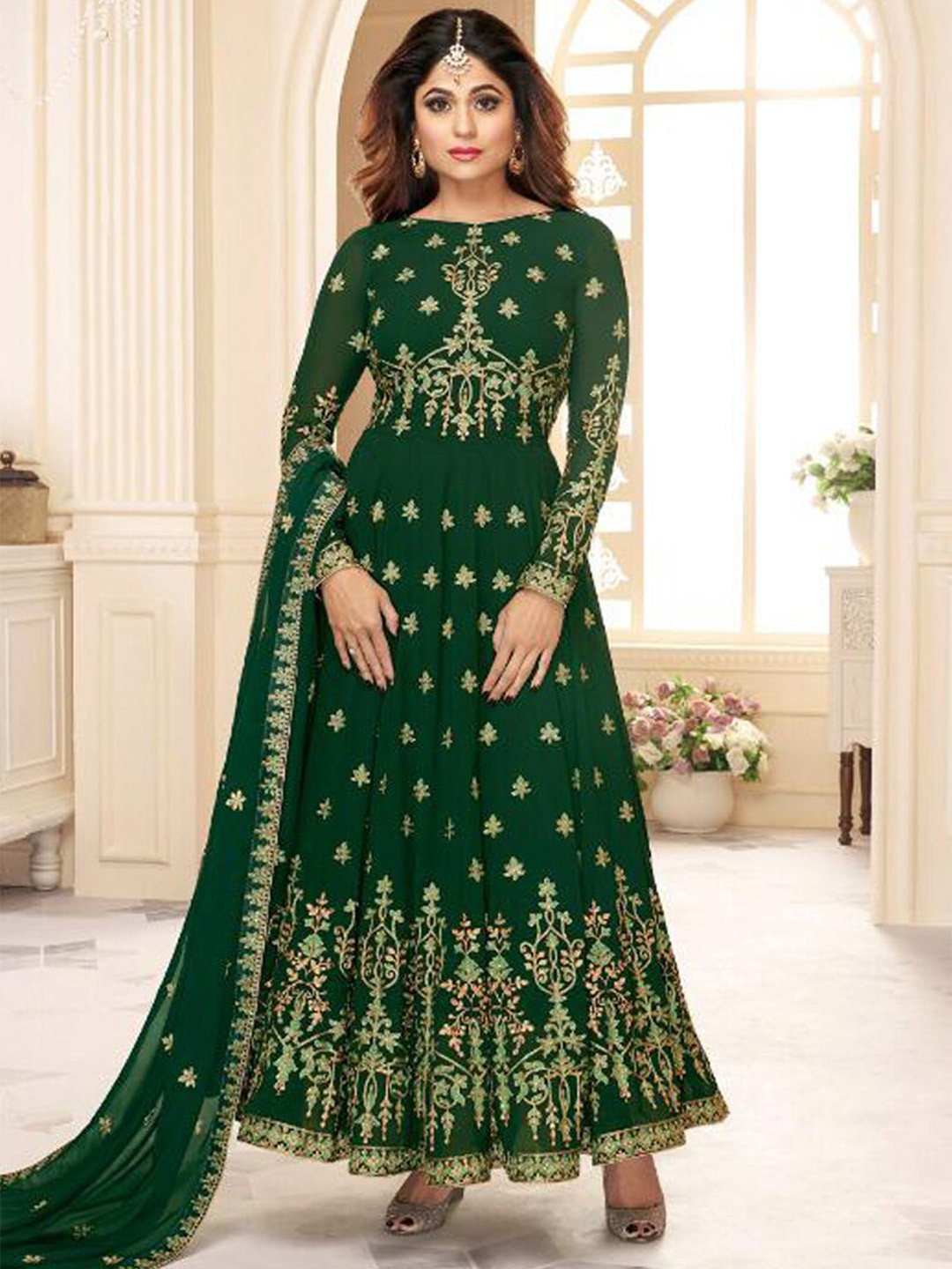 

Chandbaali Ethnic Motifs Embroidered Zari Semi-Stitched Dress Material, Green