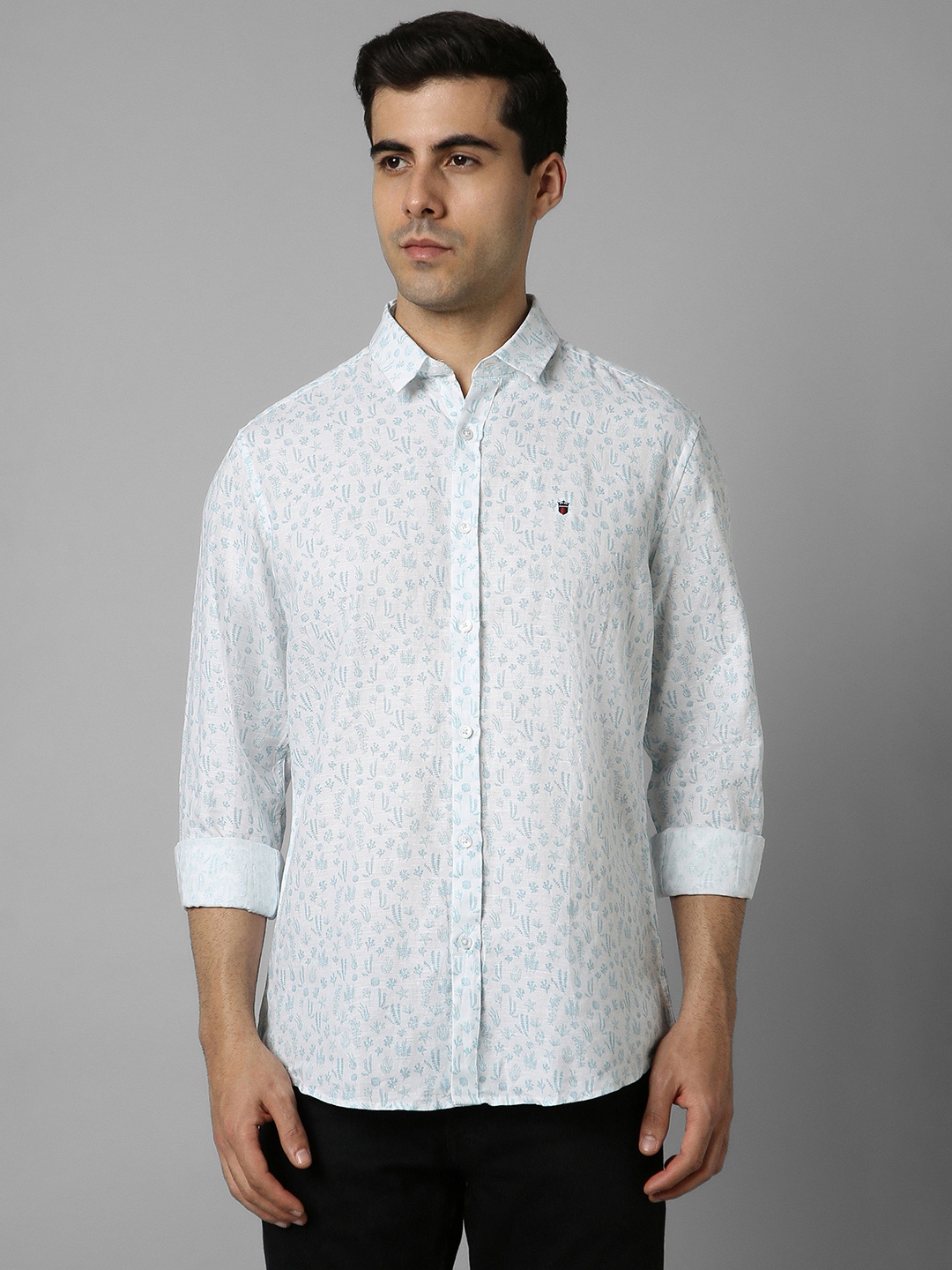 Louis Philippe Sport Slim Fit Floral Printed Spread Collar Casual Shirt, Blue