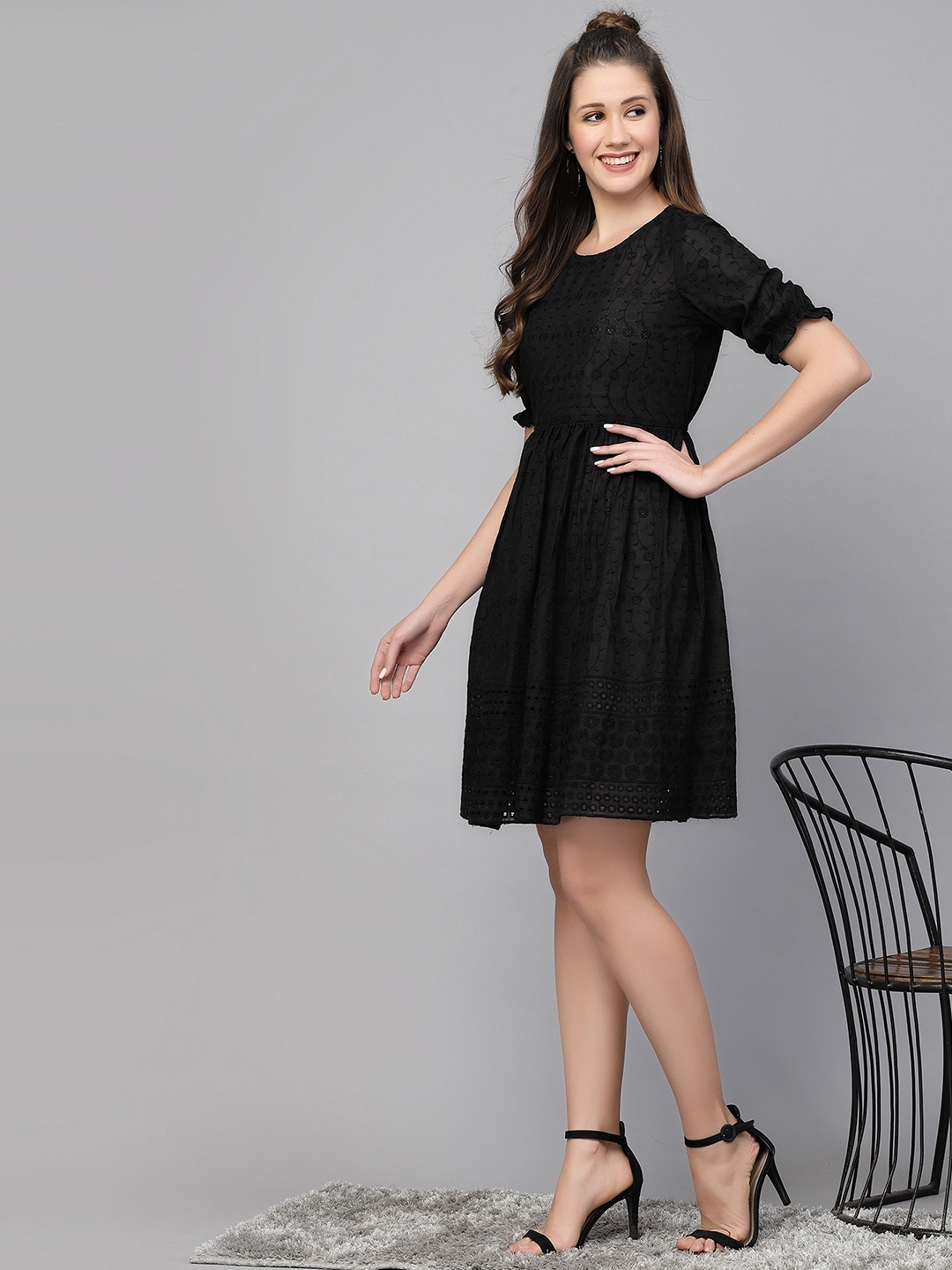 

Selvia Floral Self Design Fit & Flare Dress, Black