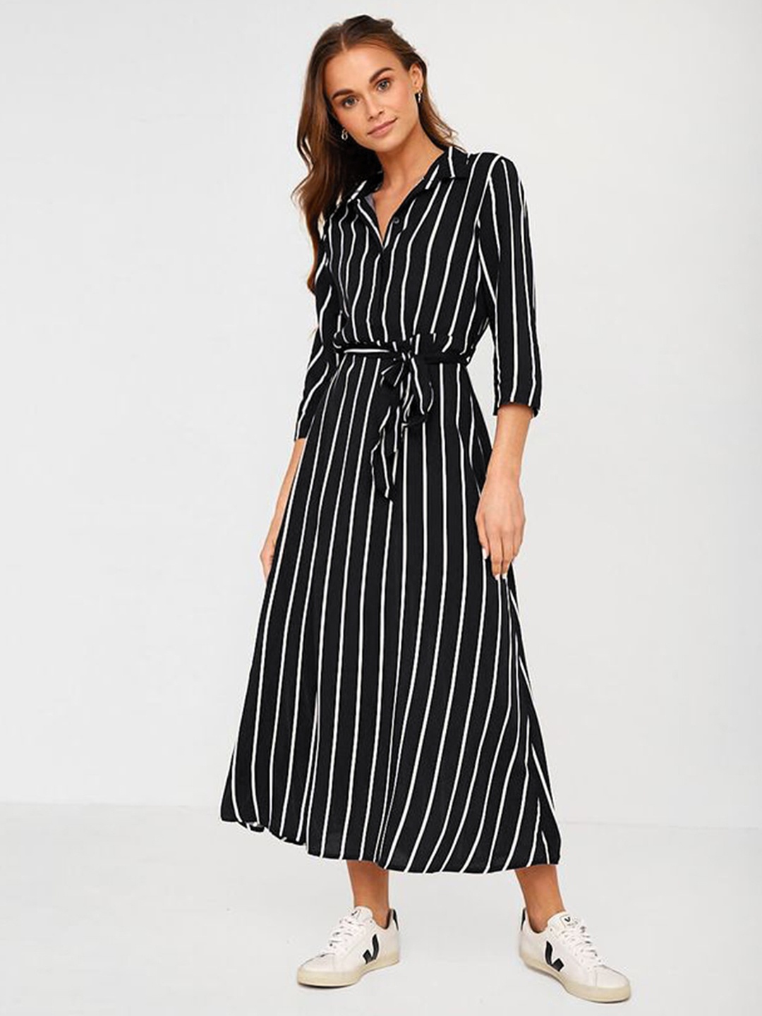 

Selvia Striped Midi A-Line Dress, Black