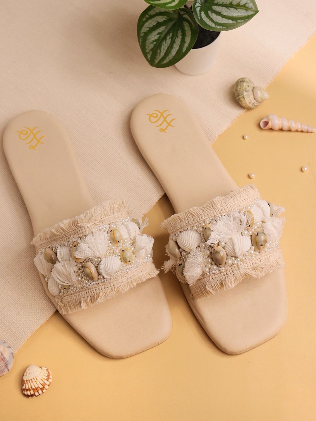 

House of Pataudi Embroidered Open Toe Flats, Beige