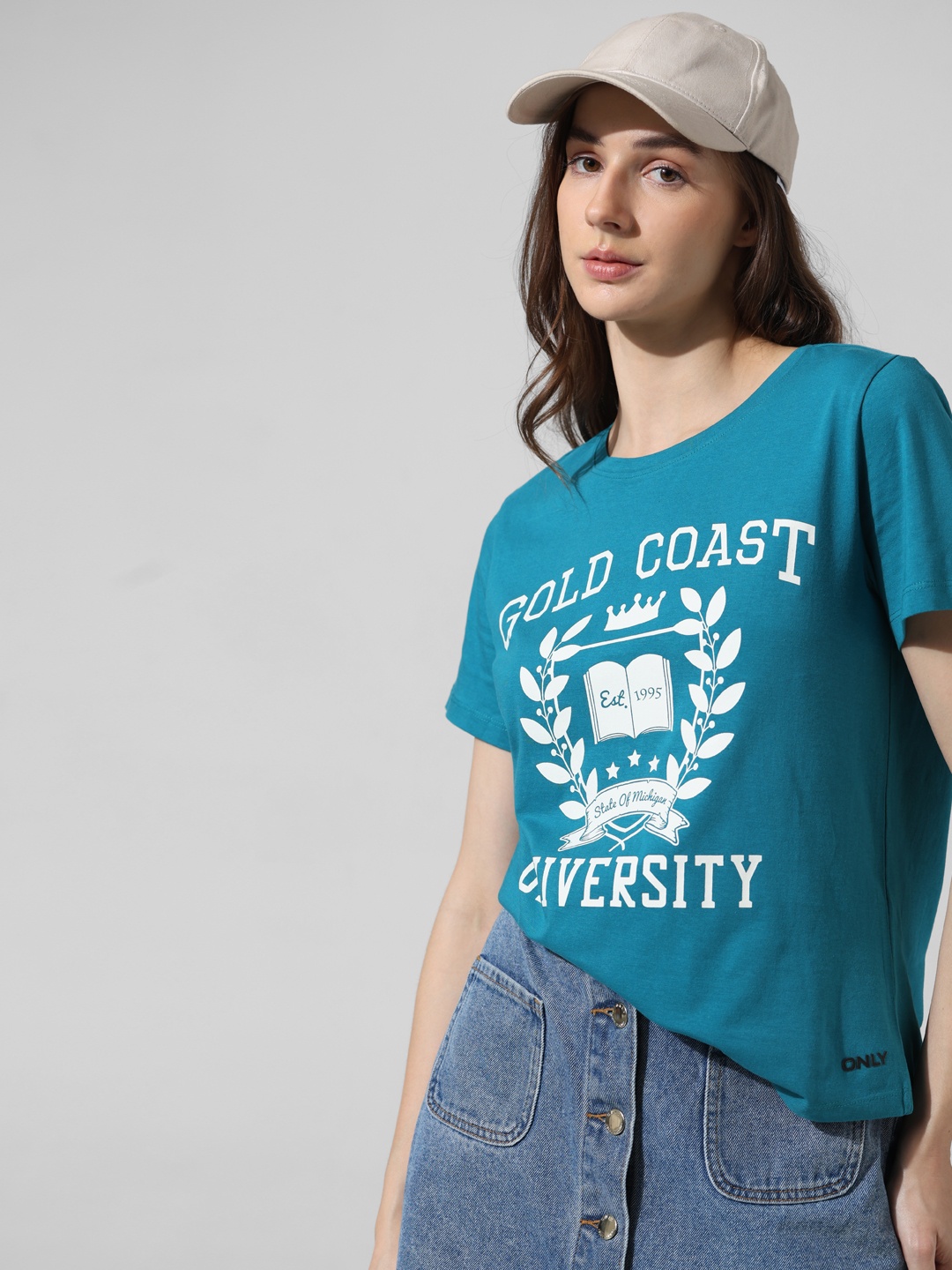 

ONLY Typography Printed Round Neck Pure Cotton T-shirt, Blue