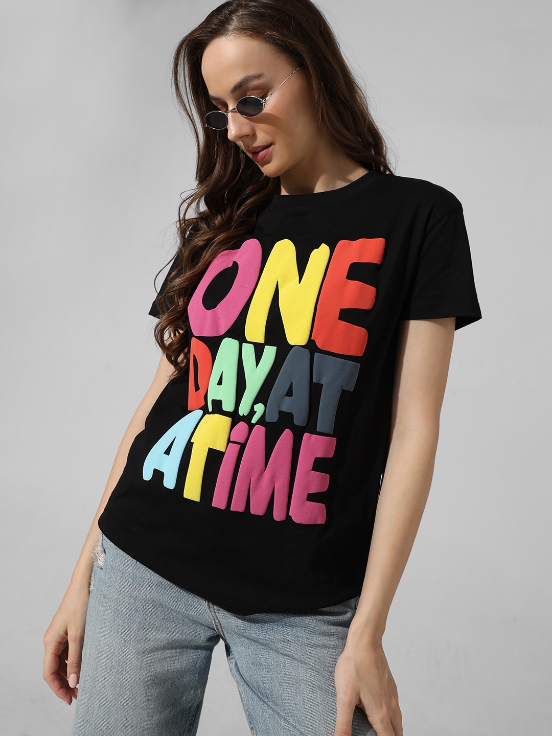 ONLY Typography Printed Round Neck Pure Cotton T-shirt, Black