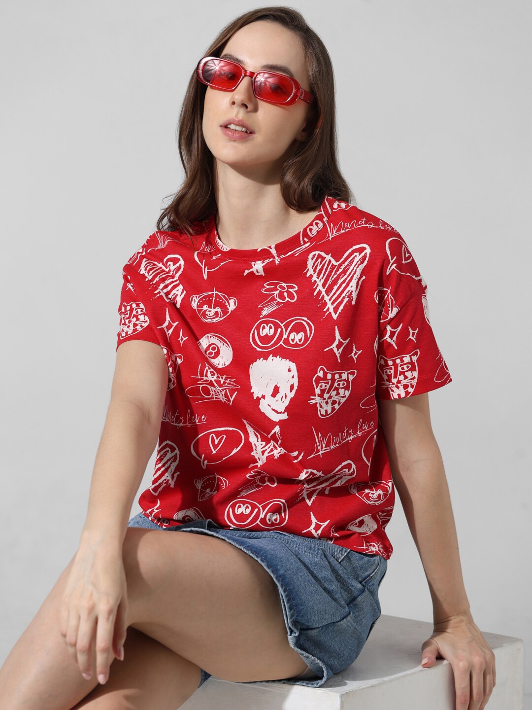 

ONLY Conversational Printed Round Neck Oversized Pure Cotton T-shirt, Red