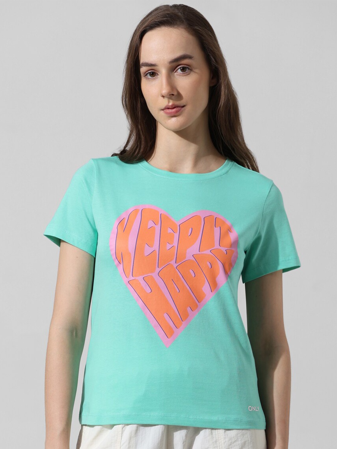 

ONLY Typography Printed Round Neck Pure Cotton T-shirt, Green