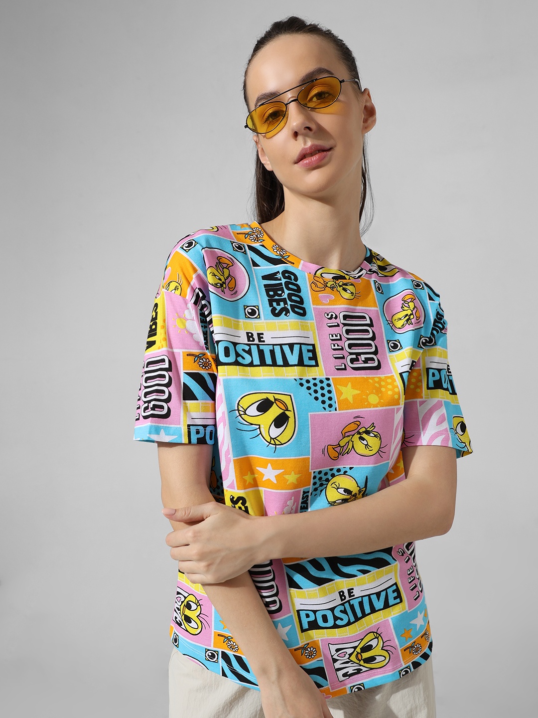 

ONLY Tweety Nuts Printed Round Neck Oversized Pure Cotton T-shirt, Blue