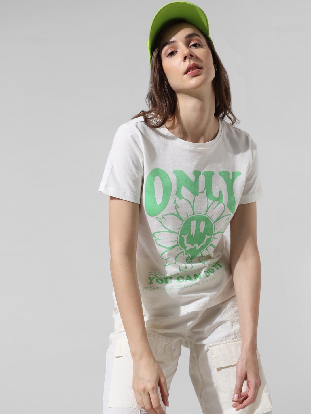 

ONLY Typography Printed Round Neck Pure Cotton T-shirt, White