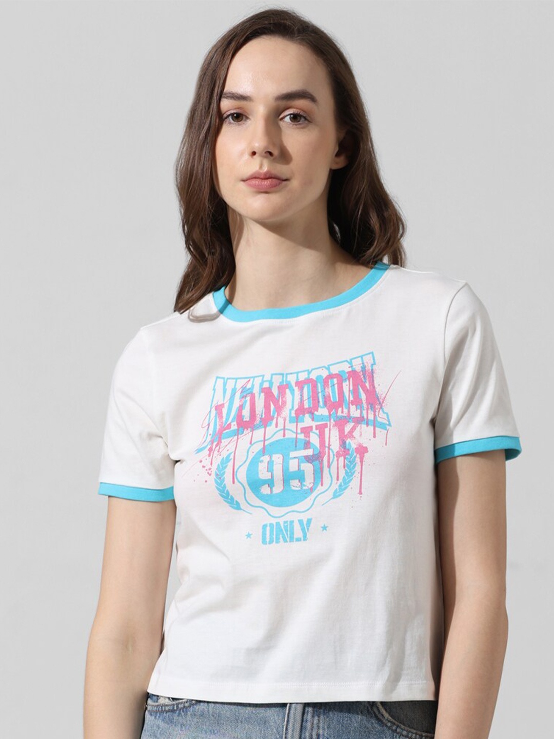 

ONLY Typography Printed Round Neck Pure Cotton T-shirt, White