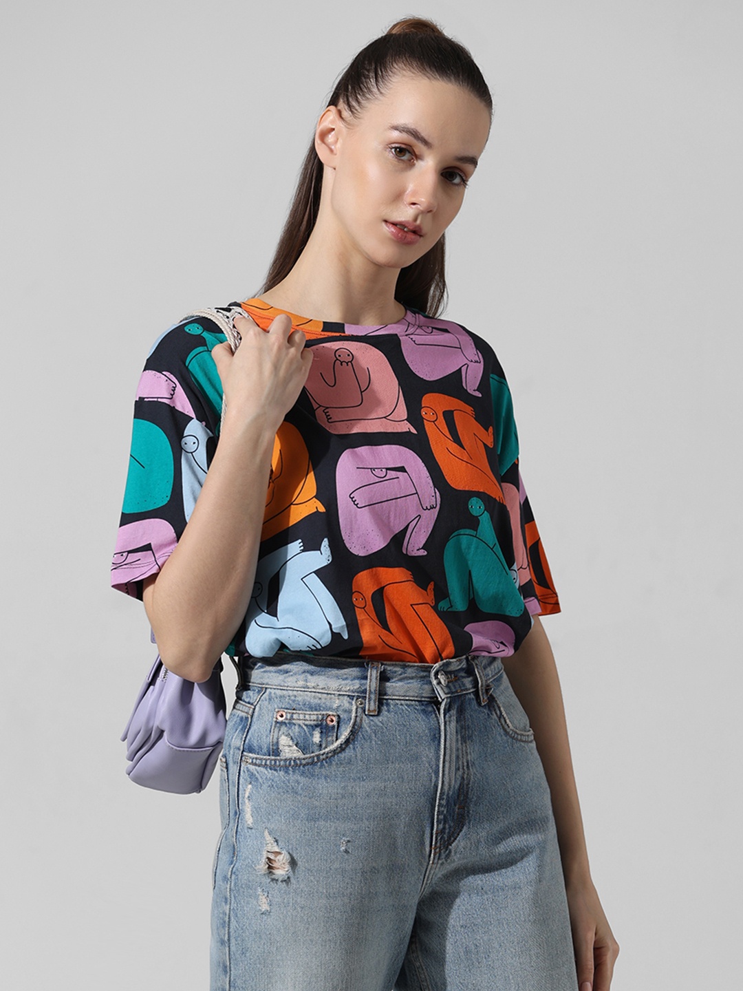 

ONLY Graphic Printed Drop-Shoulder Sleeves Pure Cotton T-shirt, Black
