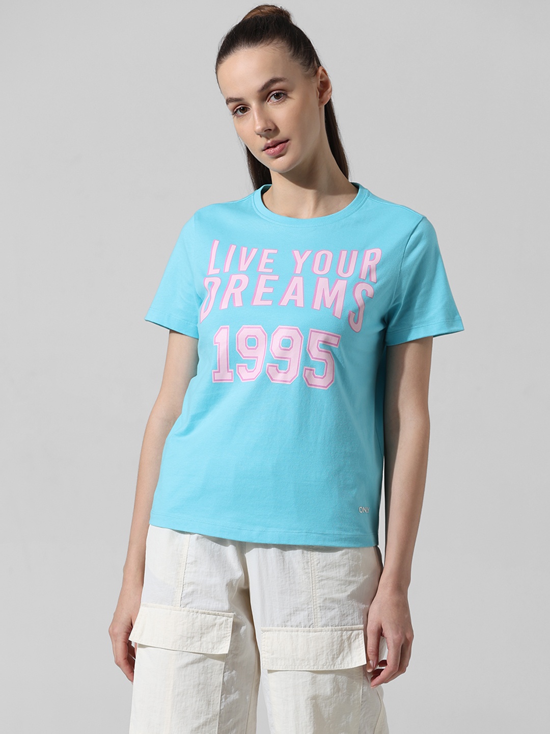 ONLY Typography Printed Round Neck Pure Cotton T-shirt, Blue