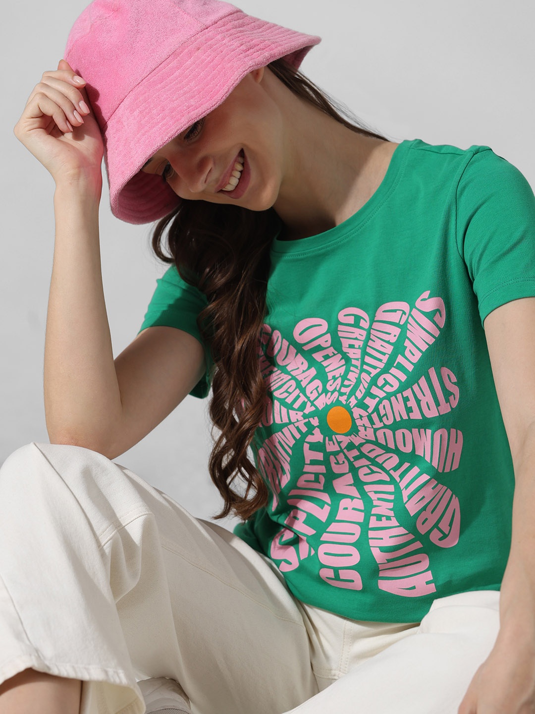 

ONLY Typography Printed Round Neck Pure Cotton T-shirt, Green