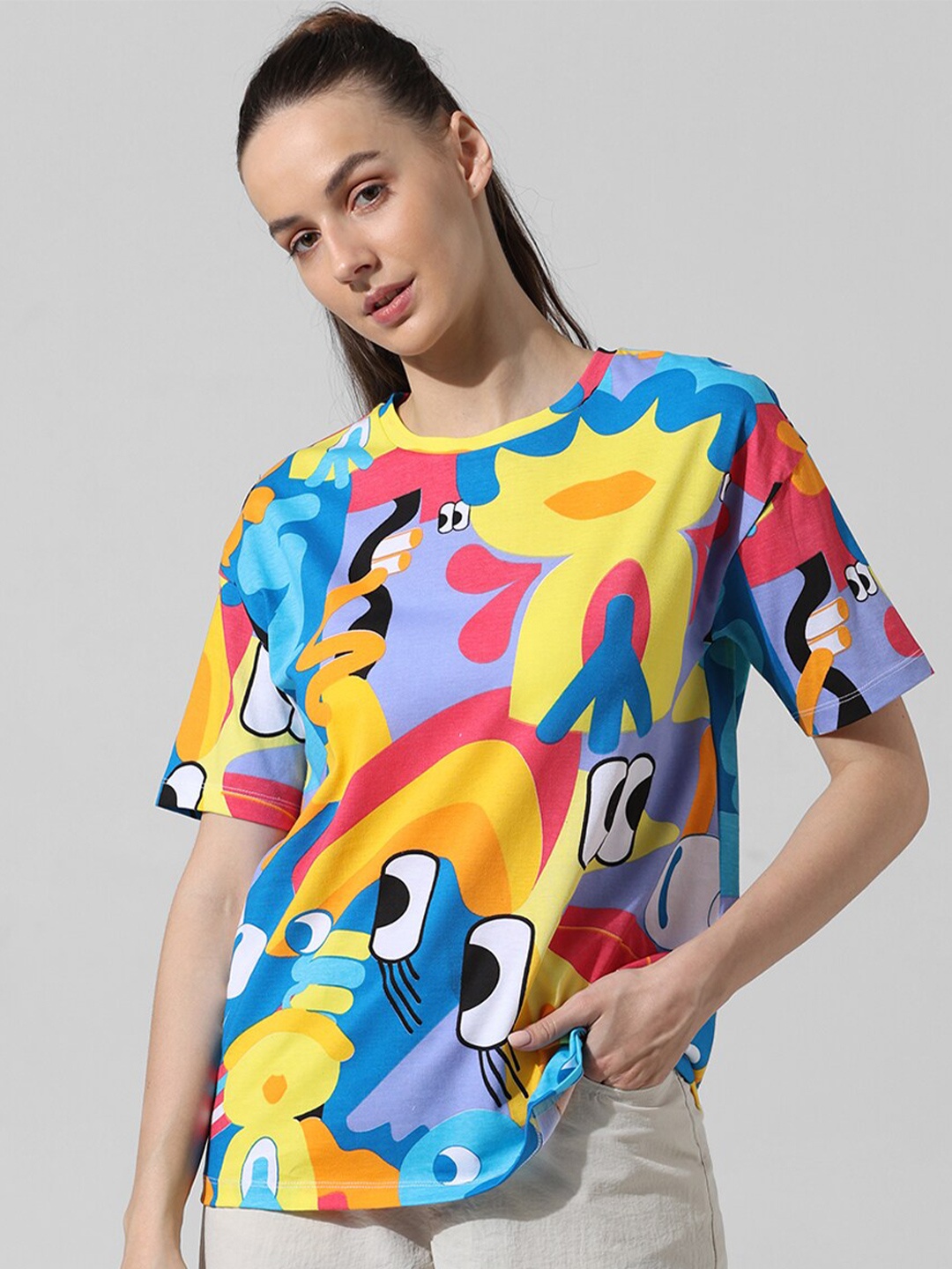 

ONLY Abstract Printed Round Neck Oversized Pure Cotton T-shirt, Blue