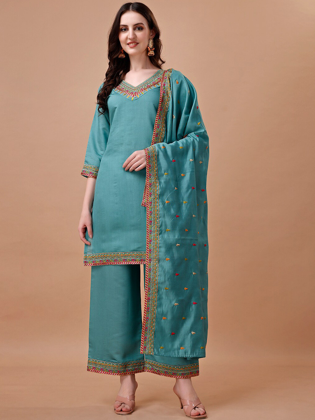 

KALINI Women Regular Thread Work Kurta with Palazzos & With Dupatta, Turquoise blue
