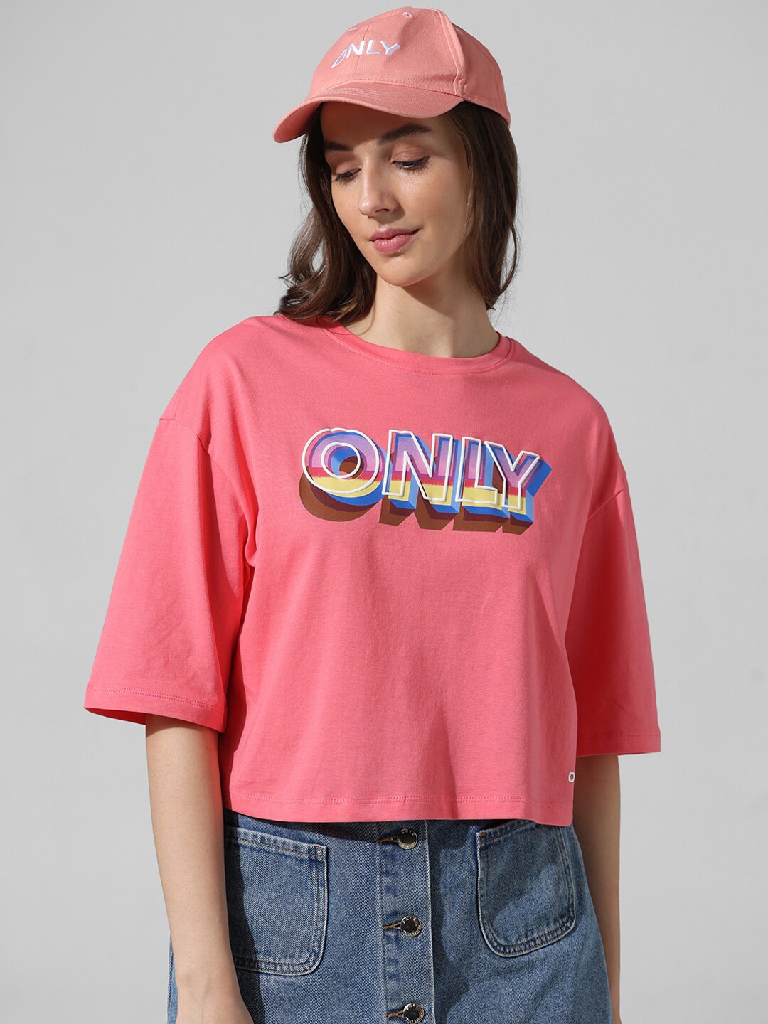 

ONLY Typography Printed Pure Cotton Boxy T-shirt, Peach