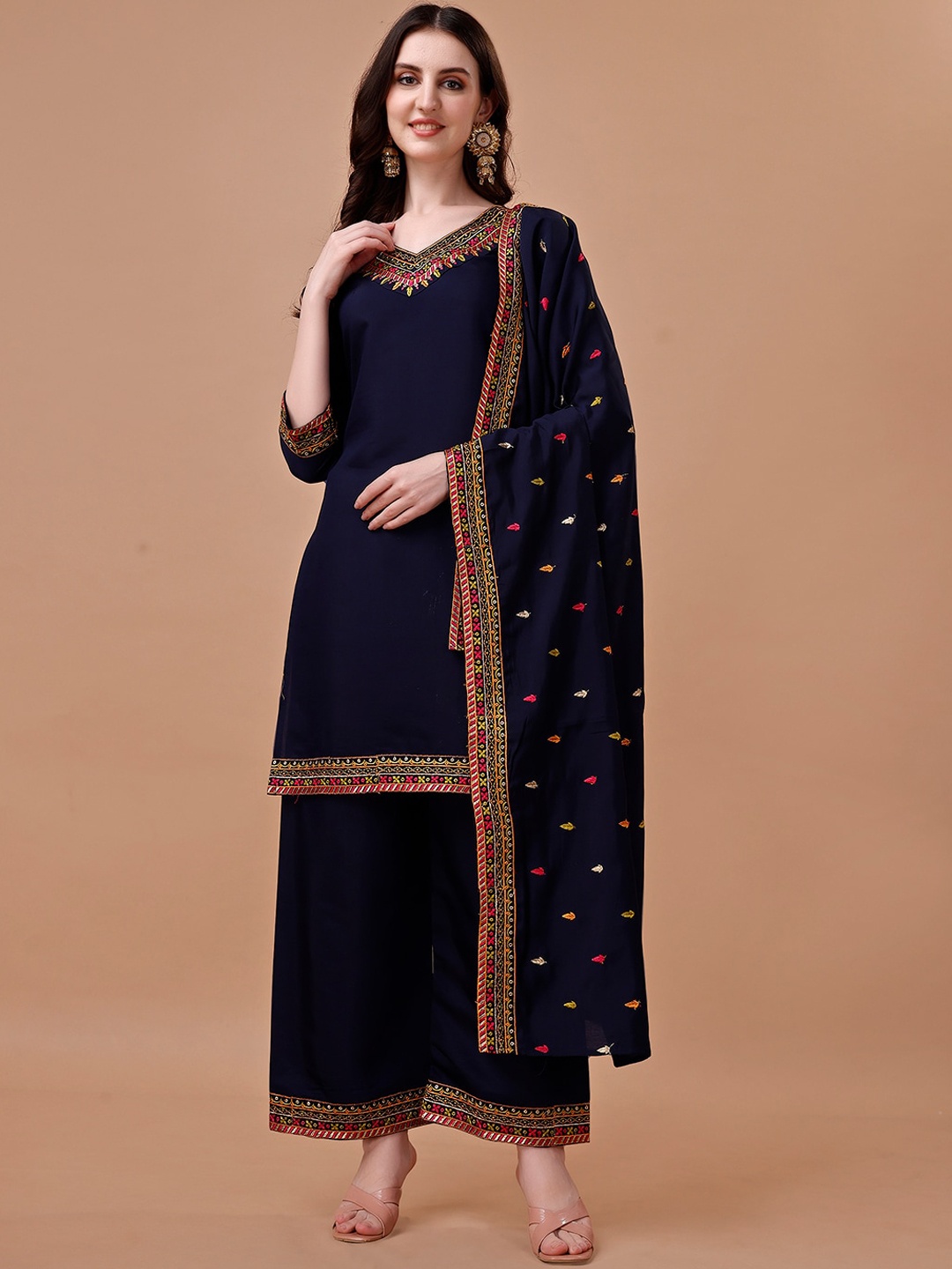 

KALINI Ethnic Motifs Embroidered Kurta & Palazzos With Dupatta, Blue