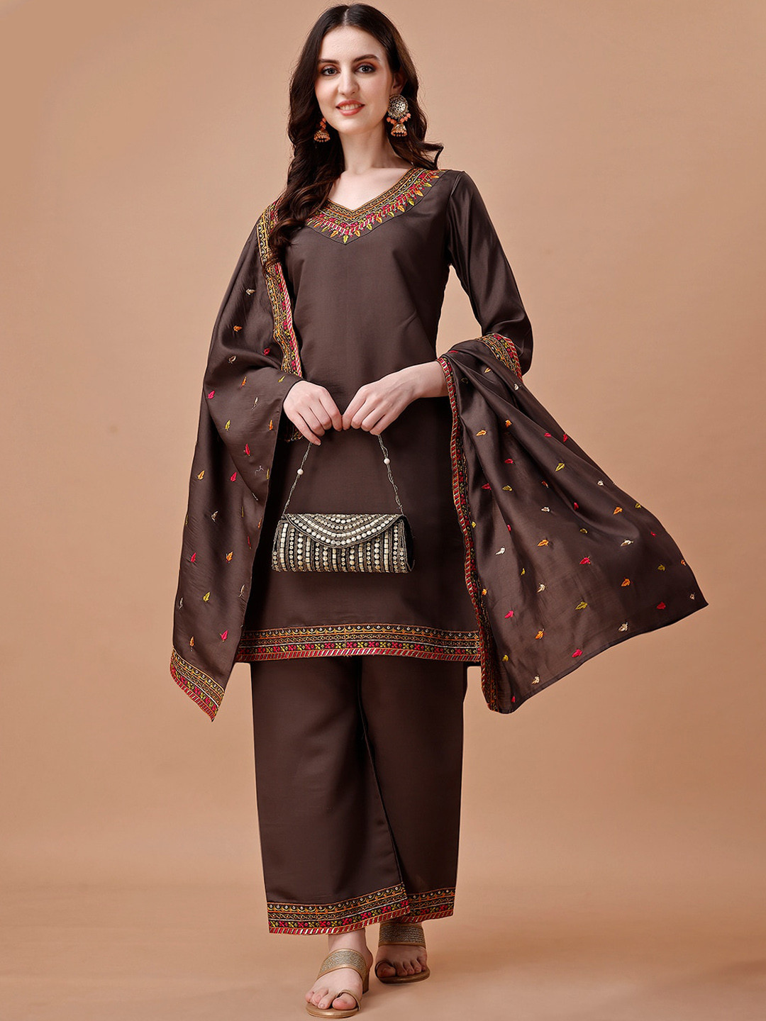 

KALINI Ethnic Motifs Yoke Design Thread Work Kurta & Palazzos With Dupatta, Brown