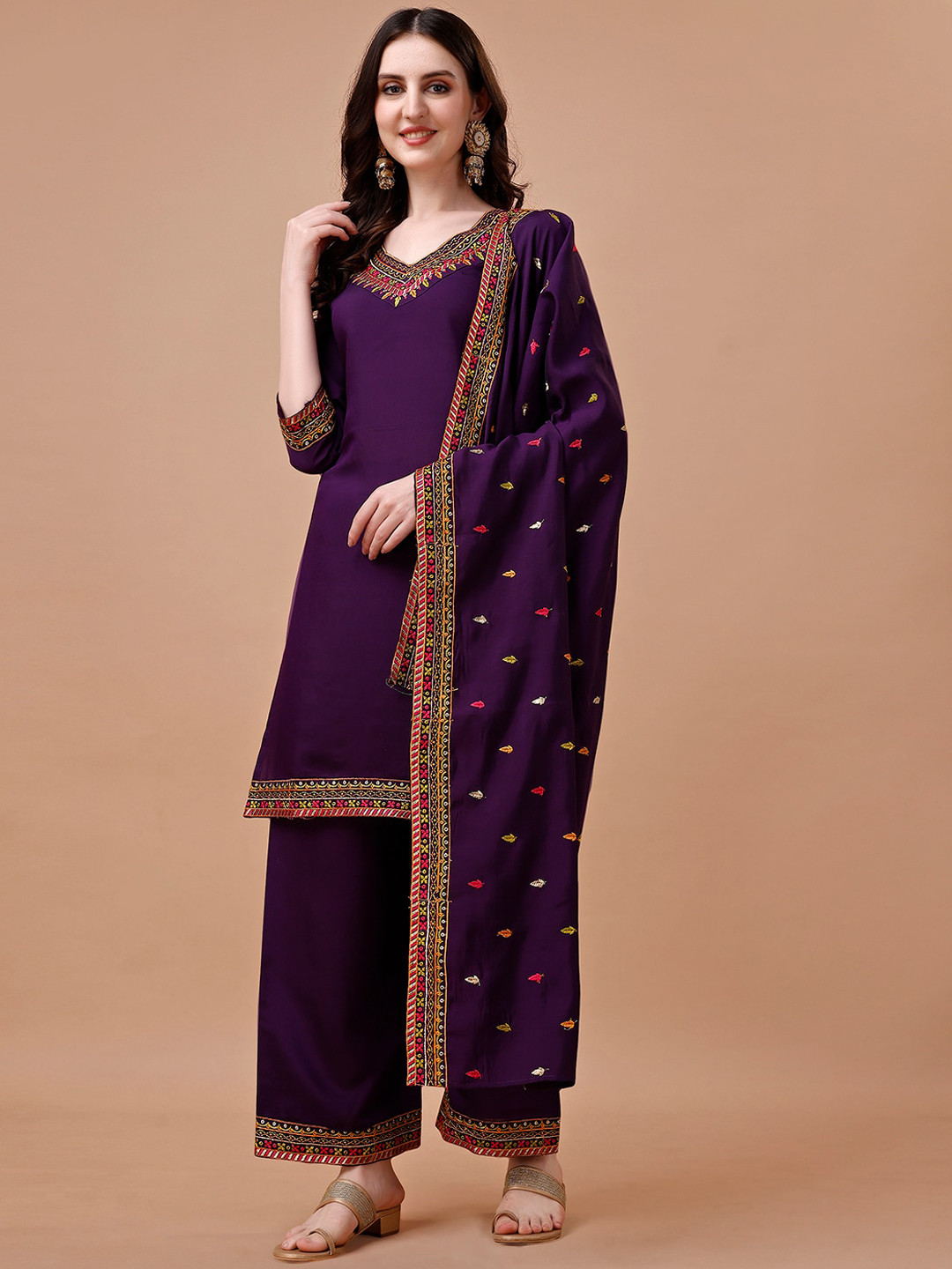 

KALINI Ethnic Motifs Embroidered Regular Kurta With Palazzos & Dupatta, Purple
