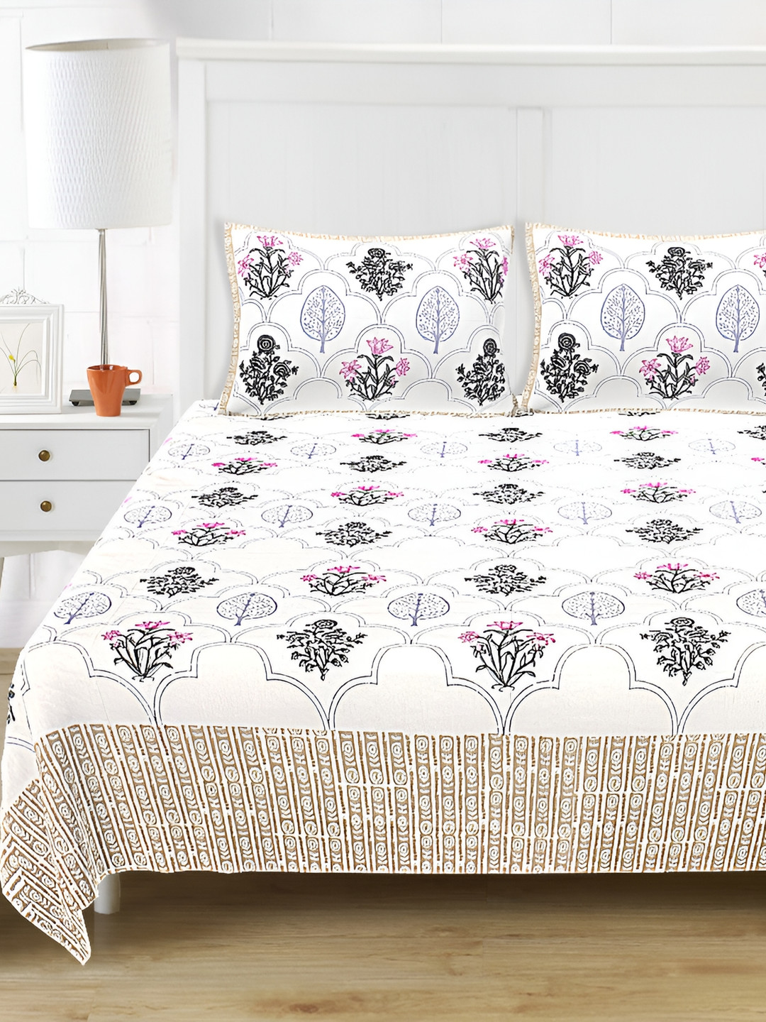 

SARYU HOMES White Floral Block Printed 210 TC Pure Cotton King Bedsheet & 2 Pillow Covers