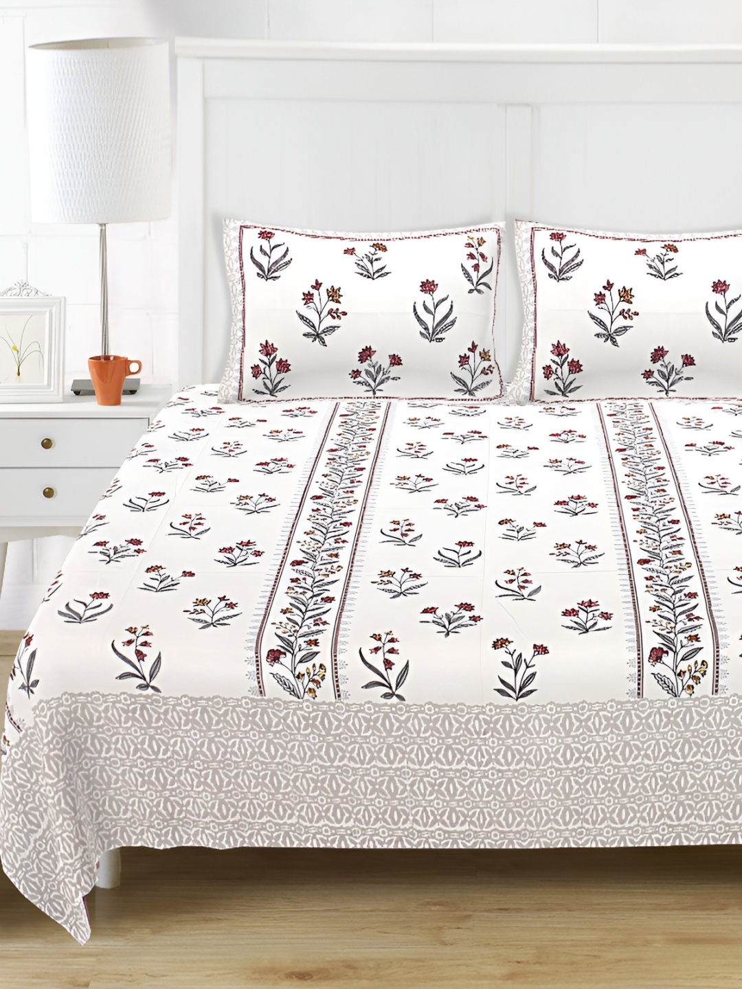 

SARYU HOMES White Floral Block Printed 210 TC Pure Cotton King Bedsheet & 2 Pillow Covers