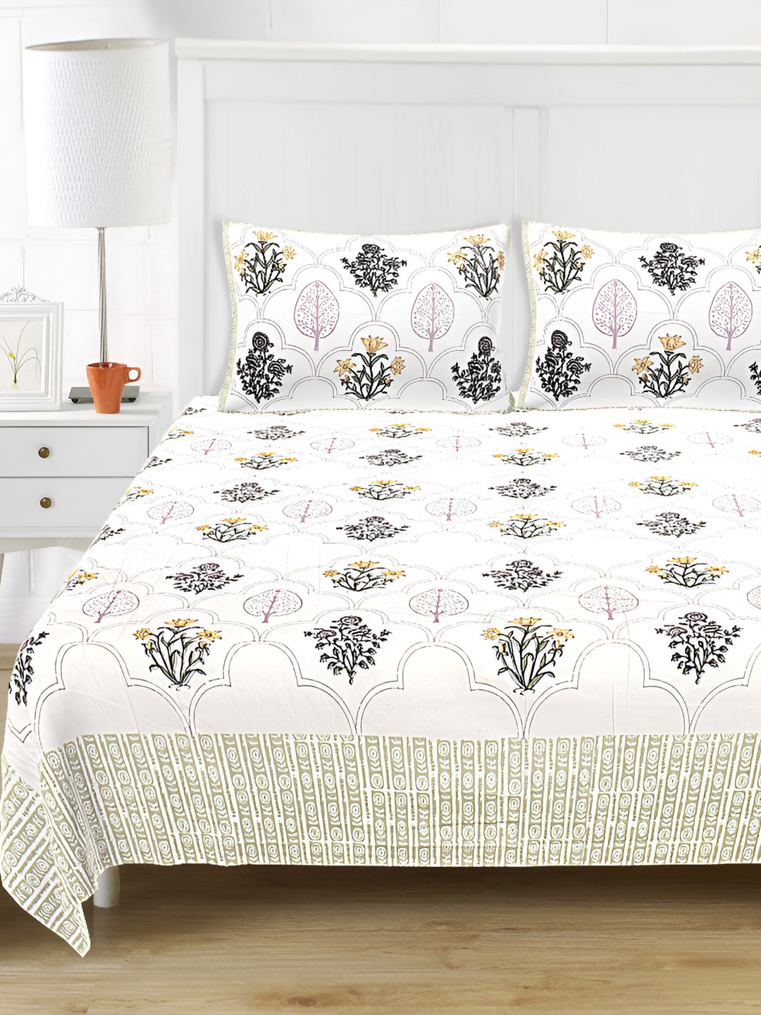 

SARYU HOMES White Floral Printed 210 TC Pure Cotton King Bedsheet with 2 Pillow Covers