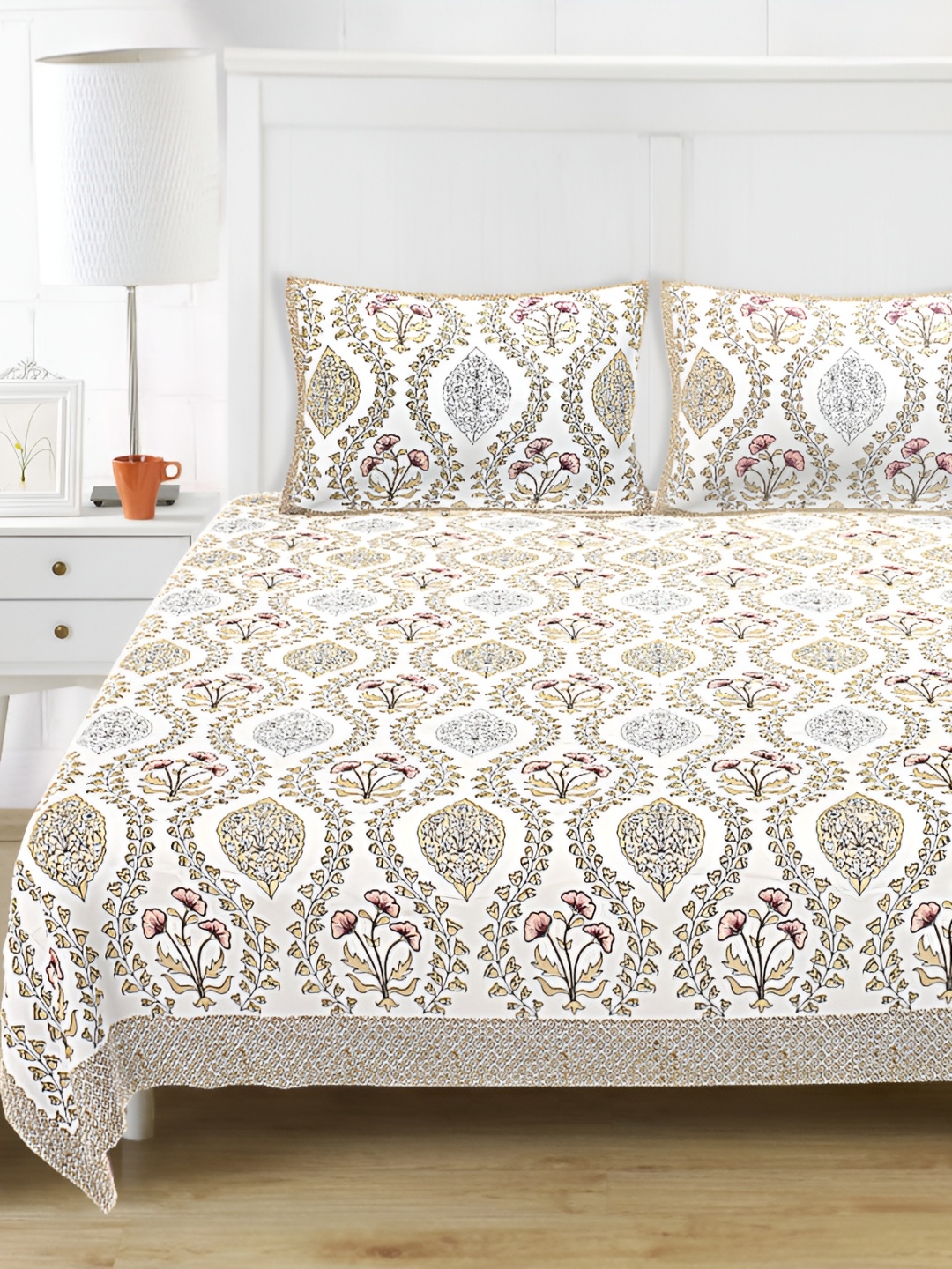 

SARYU HOMES Block Bedsheets White Floral Printed 210 TC King Bedsheet with 2 Pillow Covers