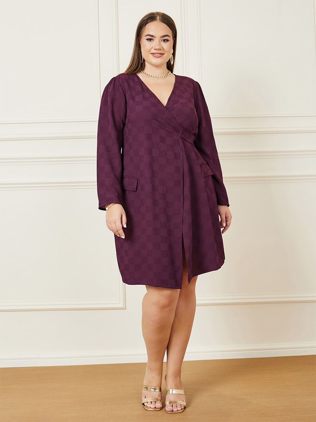 

Styli Plus V-Neck Knee Length Wrap Dress, Maroon