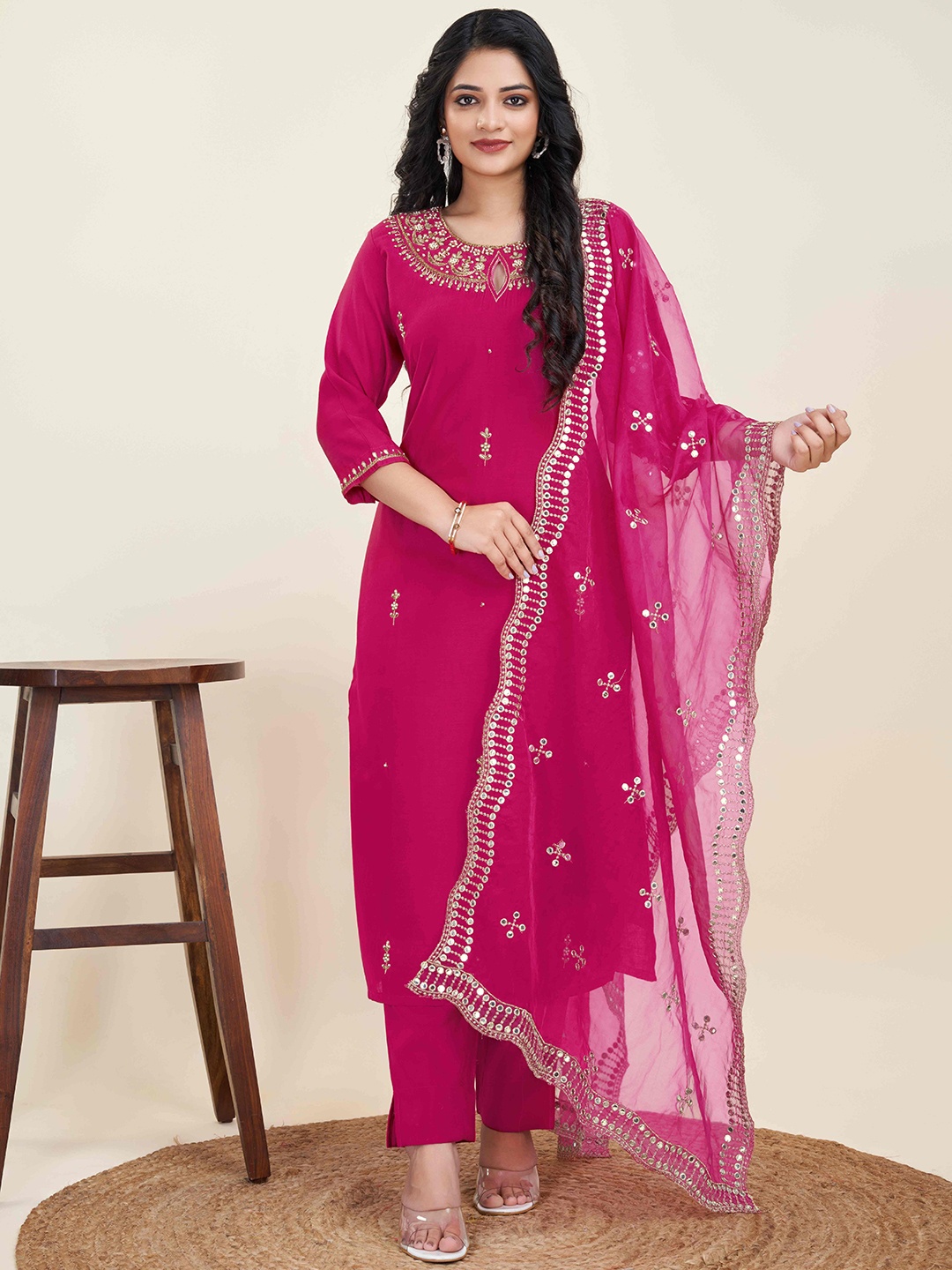 

cbazaar Ethnic Motifs Embroidered Beads & Stones Straight Kurta & Trouser With Dupatta, Pink