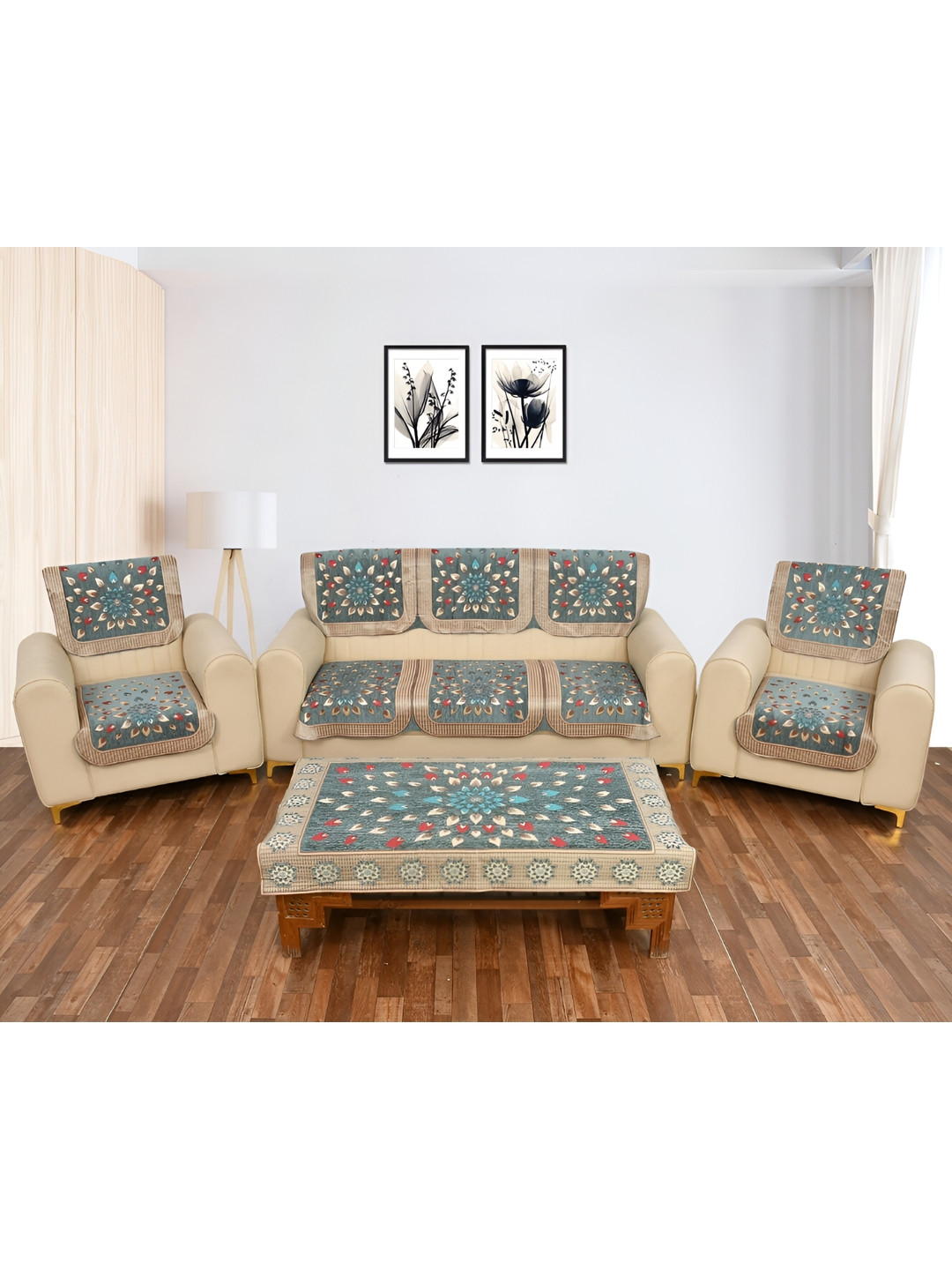 

MULTITEX Beige & Green Printed Velvet 5 Piece Sofa Cover