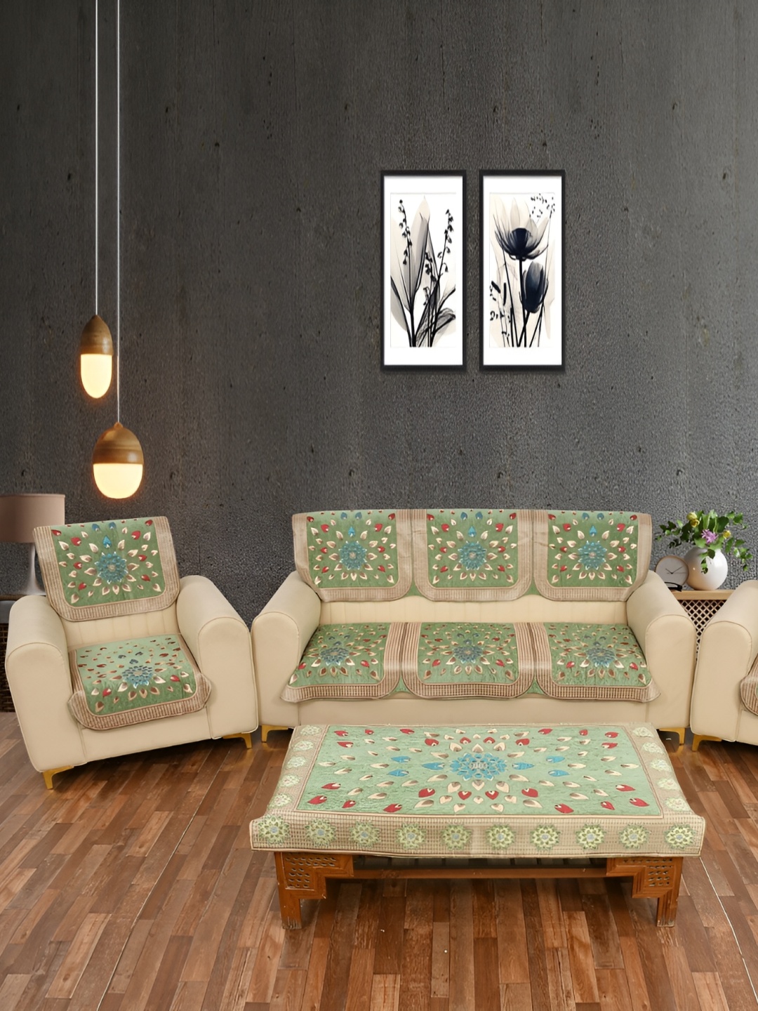 

MULTITEX Grey & Green Printed Velvet 5 Piece Sofa Cover