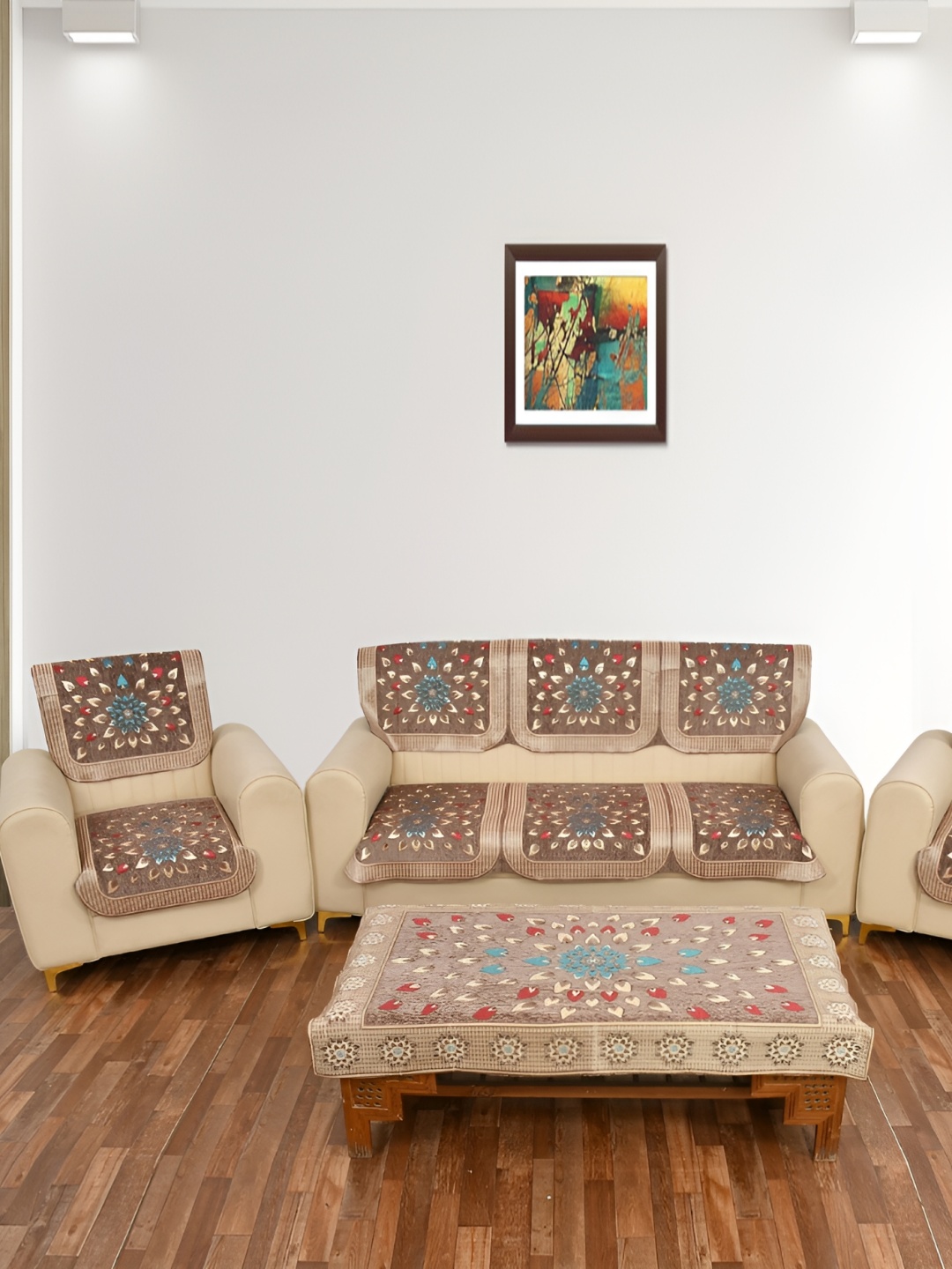 

MULTITEX Brown & Red Printed Velvet 5 Piece Sofa Cover