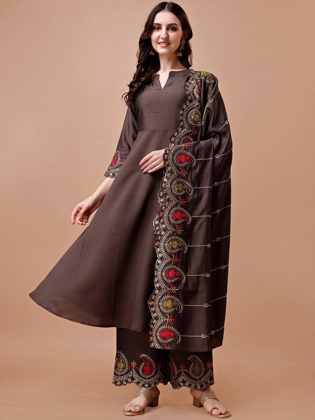 

KALINI Mandarin Collar Thread Work Anarkali Kurta With Palazzo & Dupatta, Brown