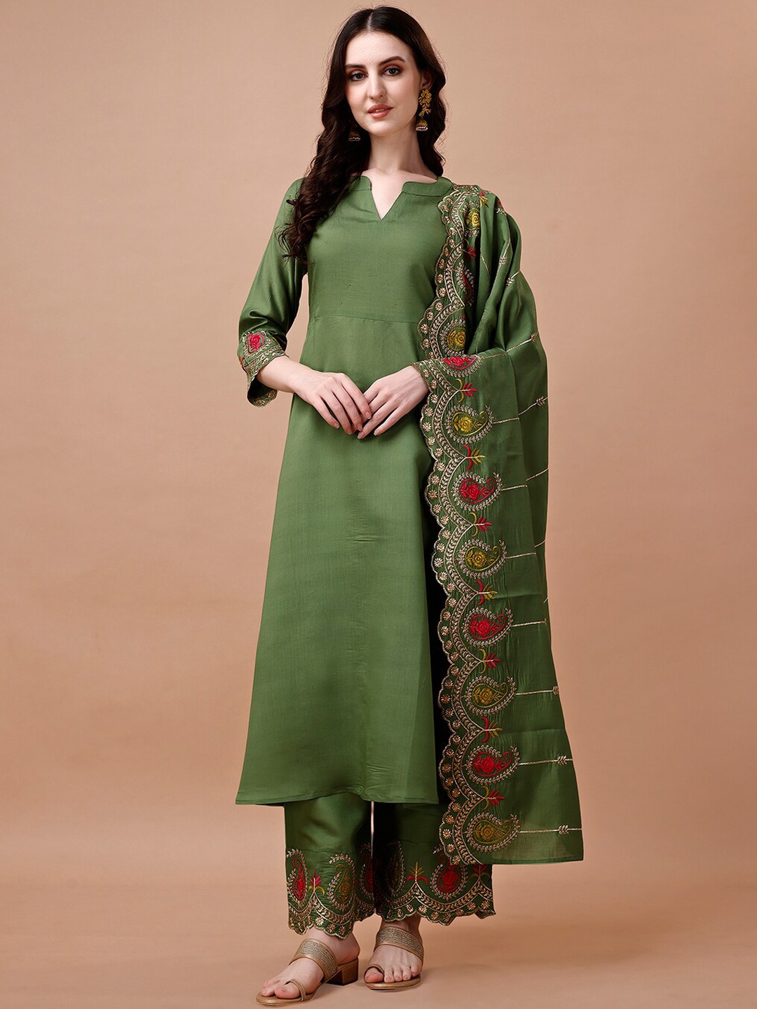 

KALINI Embroidered Regular Kurta with Palazzos & With Dupatta, Green