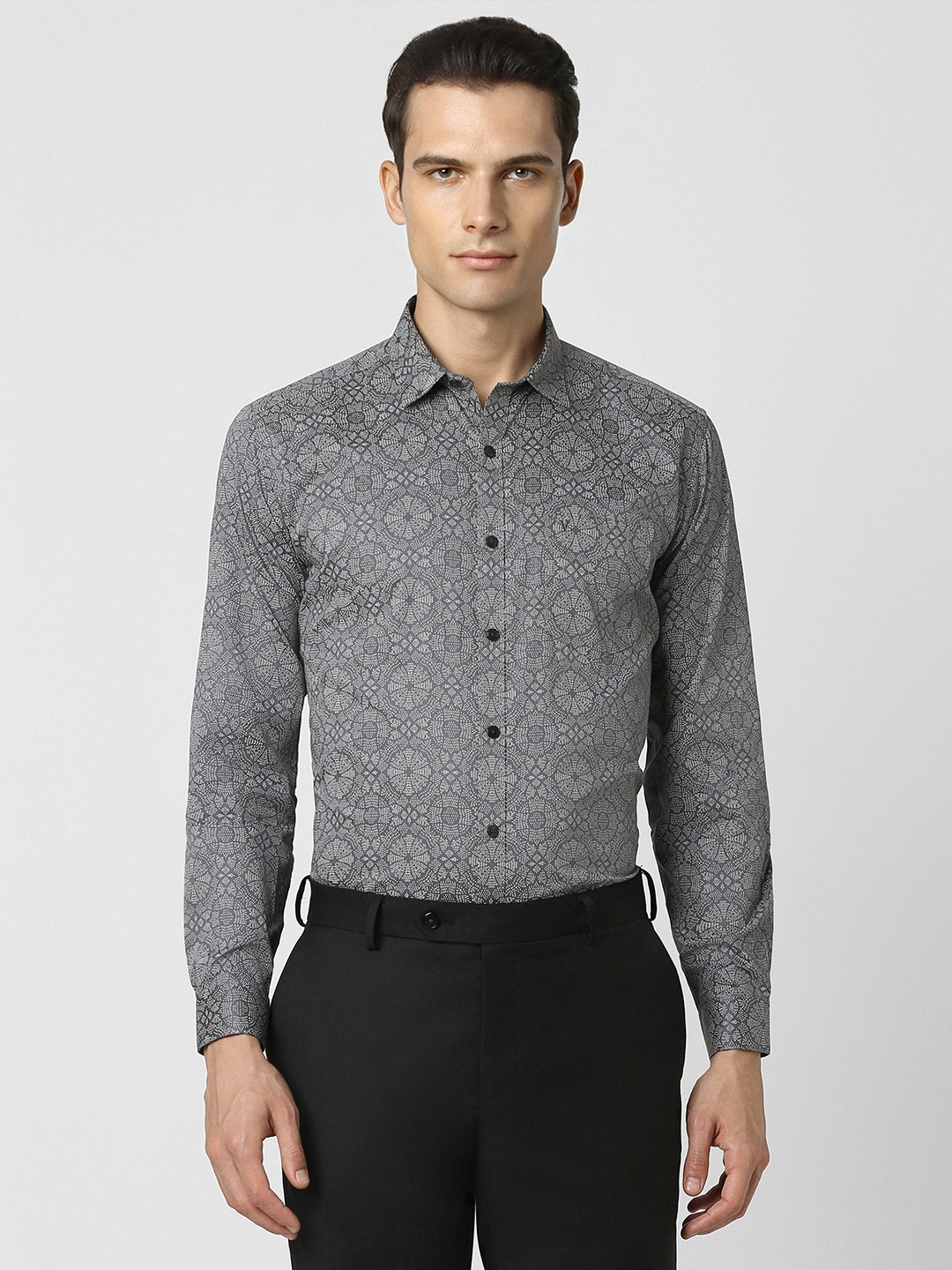 

V Dot Slim Fit Ethnic Printed Pure Cotton Party Shirt, Grey