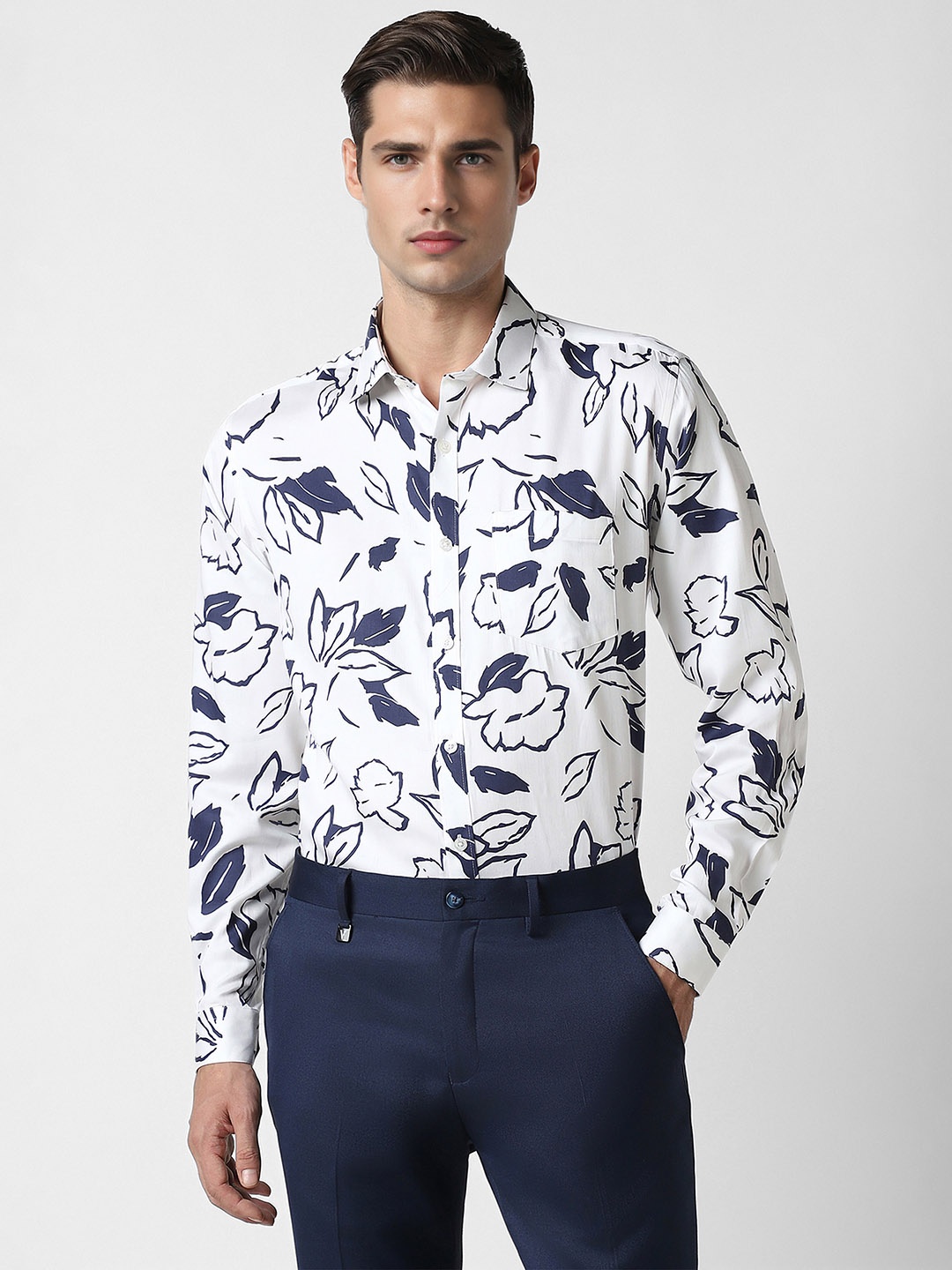 

V Dot Slim Fit Floral Printed Modal Cotton Party Shirt, White