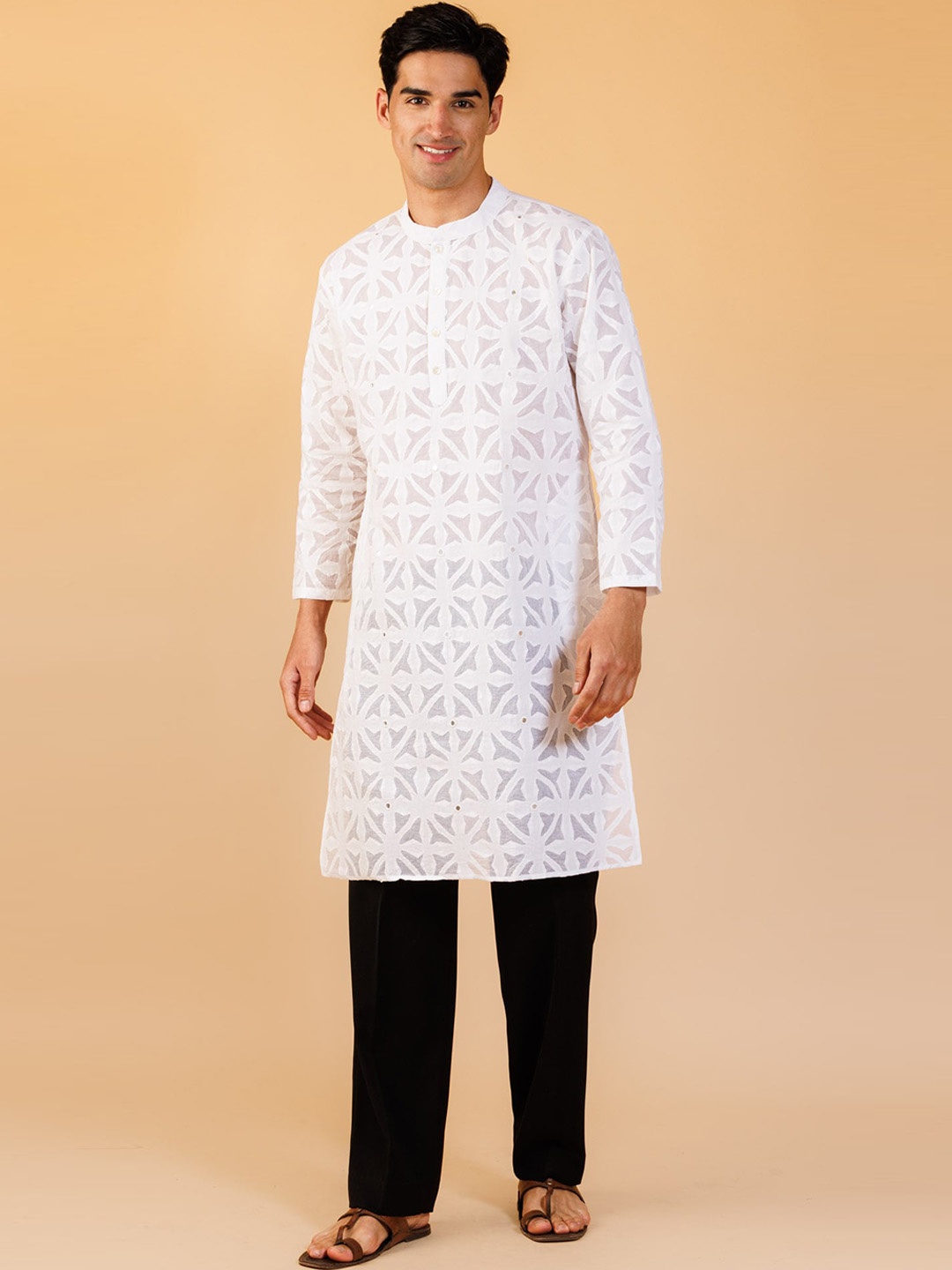 

Tilohri Floral Printed Mandarin Collar Mirror Work Pure Cotton Straight Kurta, White