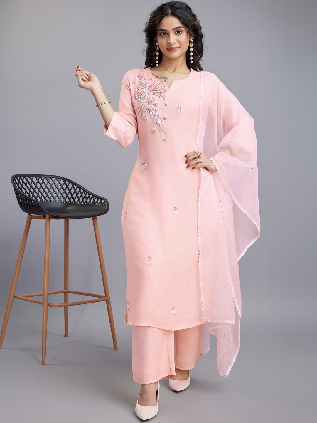 

cbazaar Ethnic Motifs Embroidered Beads & Stones Straight Kurta & Trouser With Dupatta, Peach