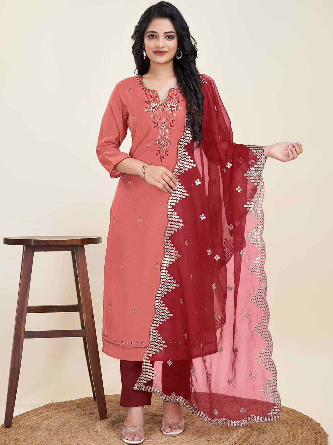 

cbazaar Ethnic Motifs Embroidered Beads & Stones Straight Kurta & Trouser With Dupatta, Rust