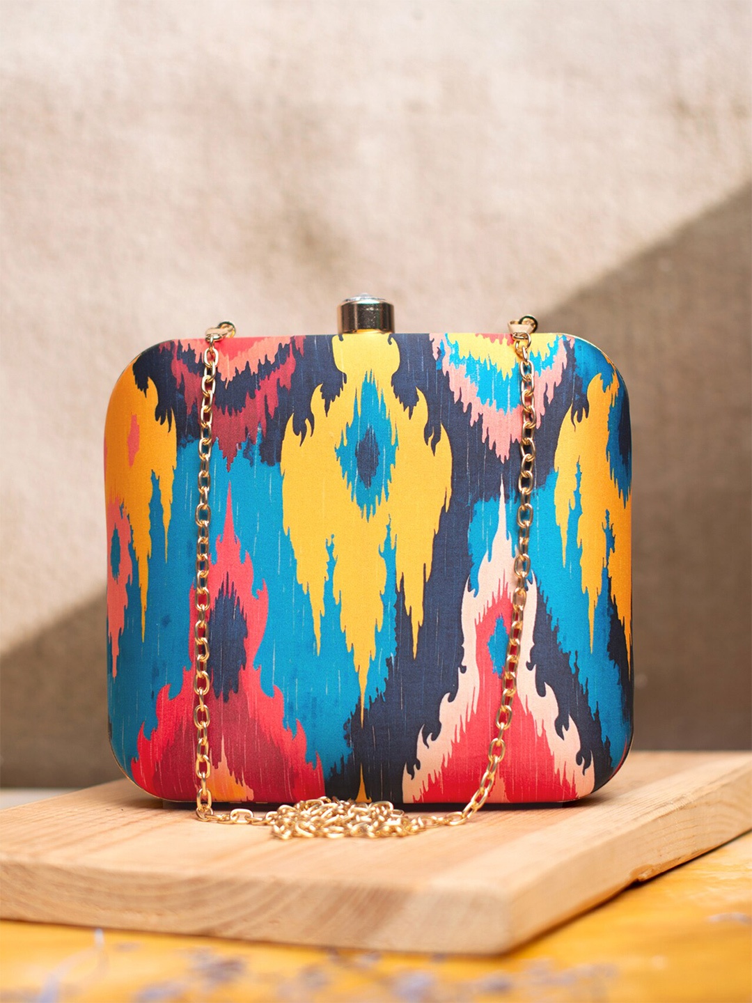 

ARTKLIM Geometric Printed Ikkat Box Clutch, Blue